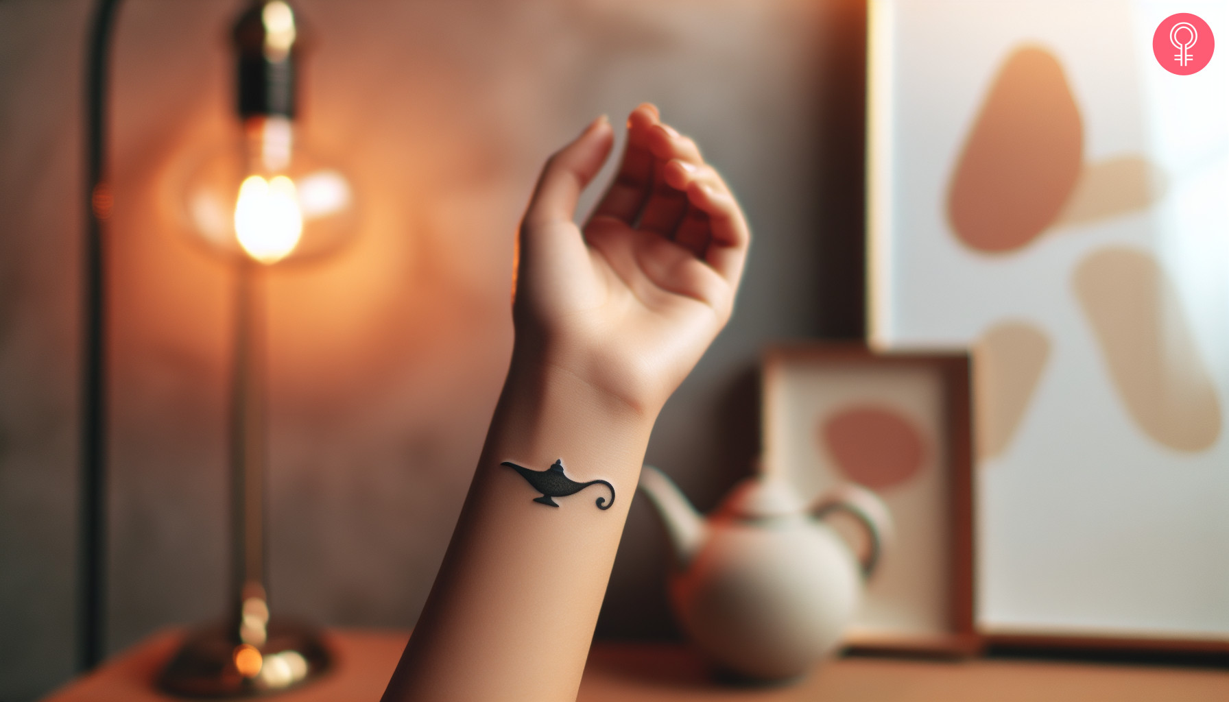 Genie lamp tattoo on the wrist of a woman