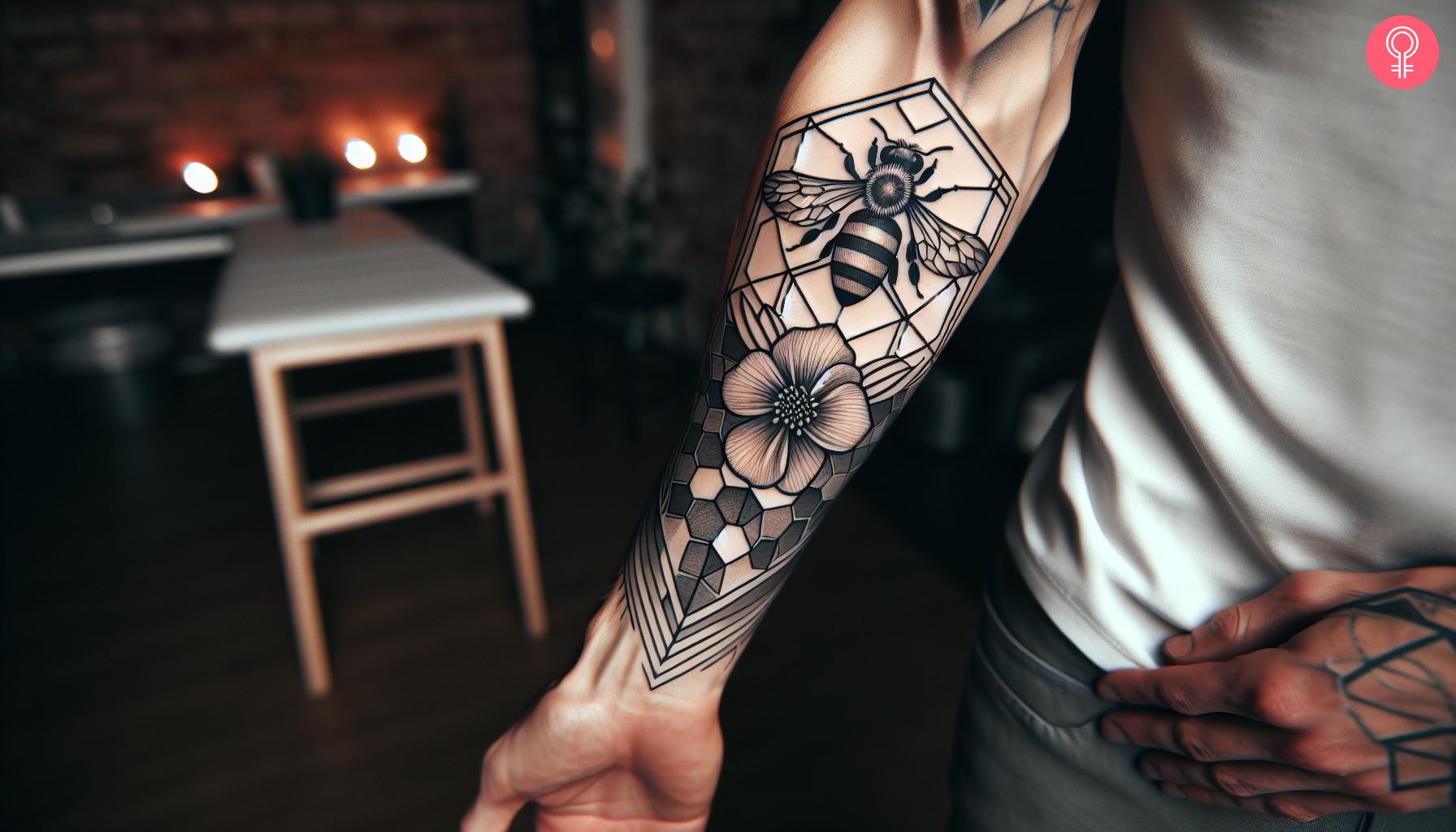 Geometric bee and flower tattoo on a man's forearm