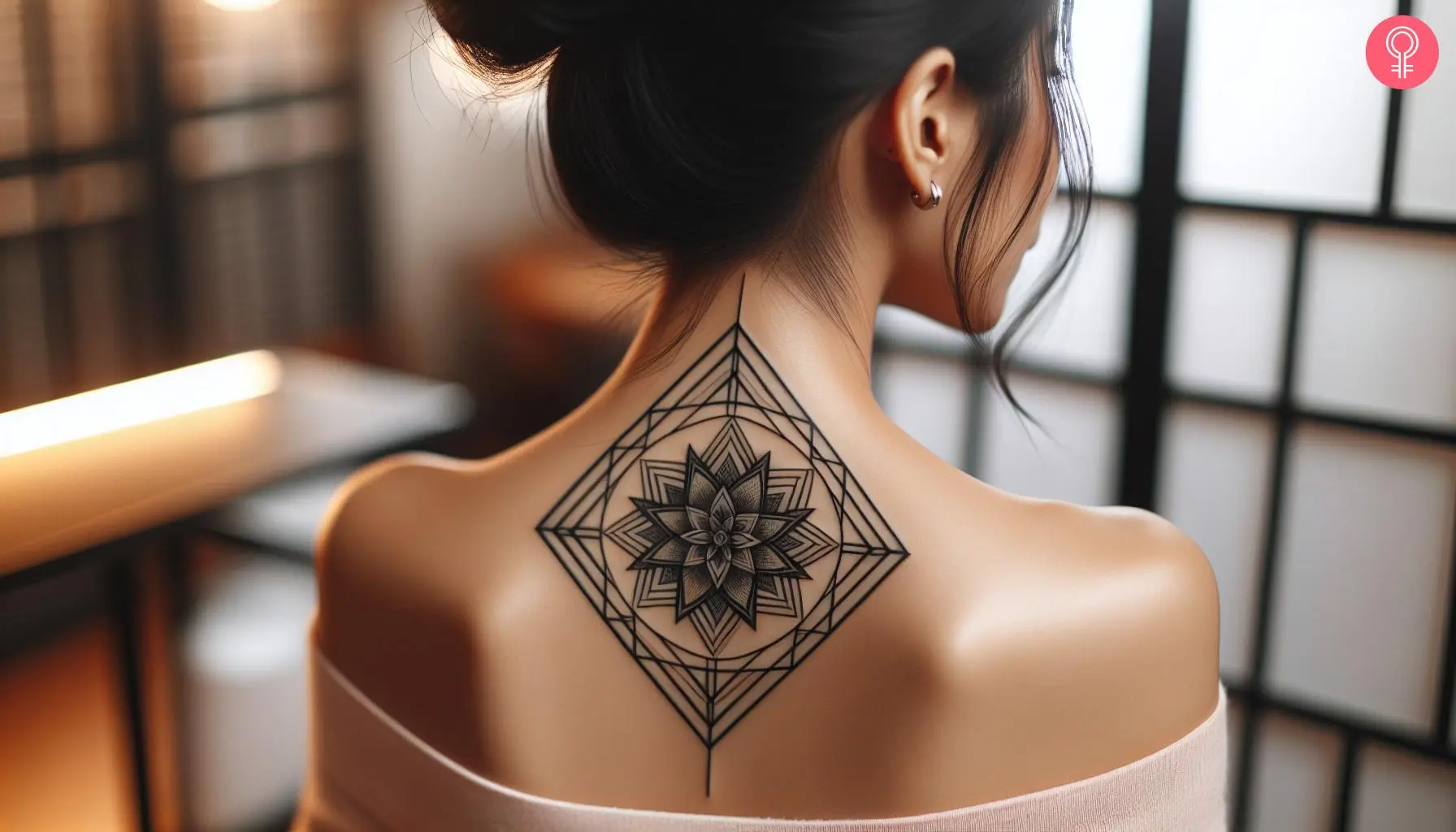 Geometric diamond flower tattoo on the back of a woman