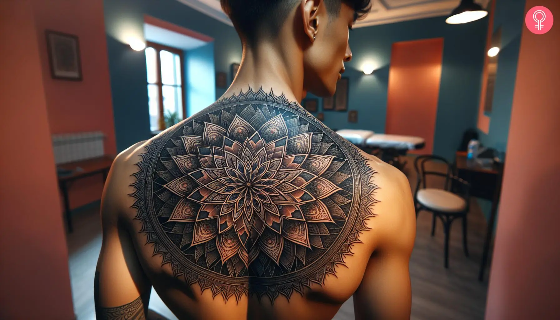 Geometric flower mandala tattoo on the back of a man