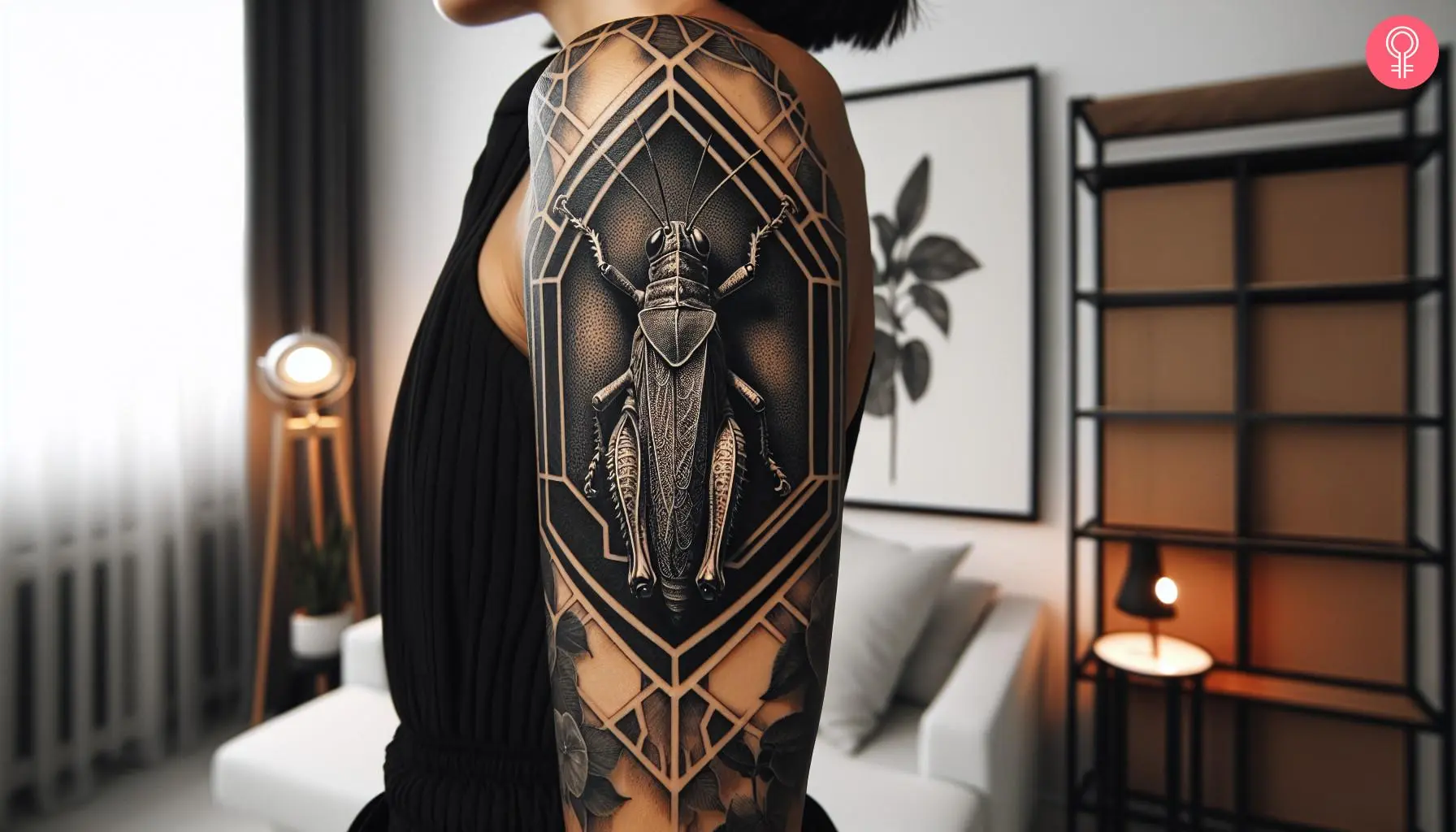 A geometric grasshopper tattoo on the upper arm of a woman