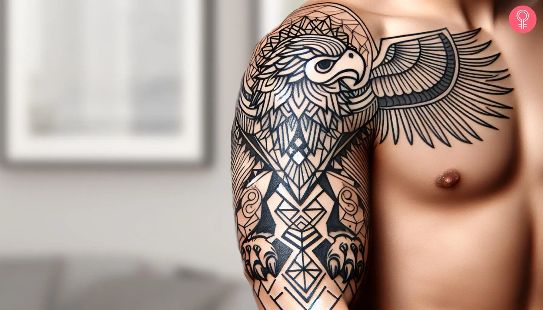 A realistic griffin head tattoo on a man’s shoulder