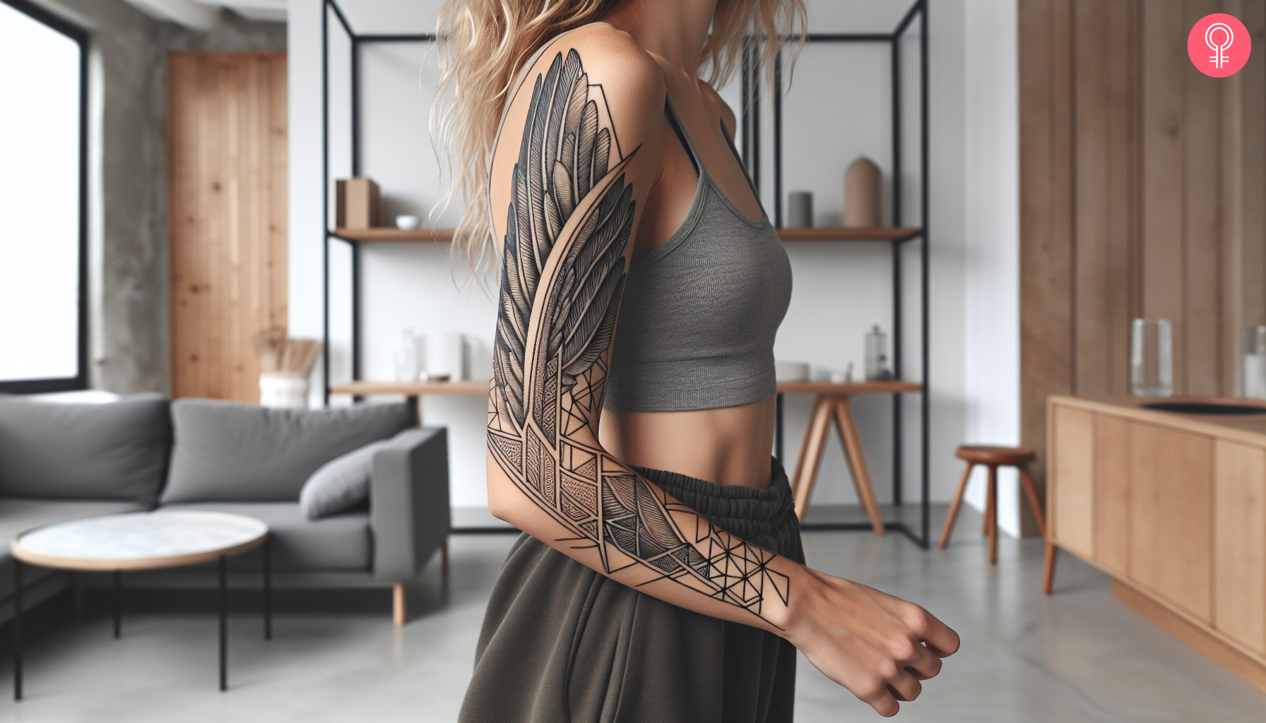 A geometric hermes tattoo on the sleeve of a woman