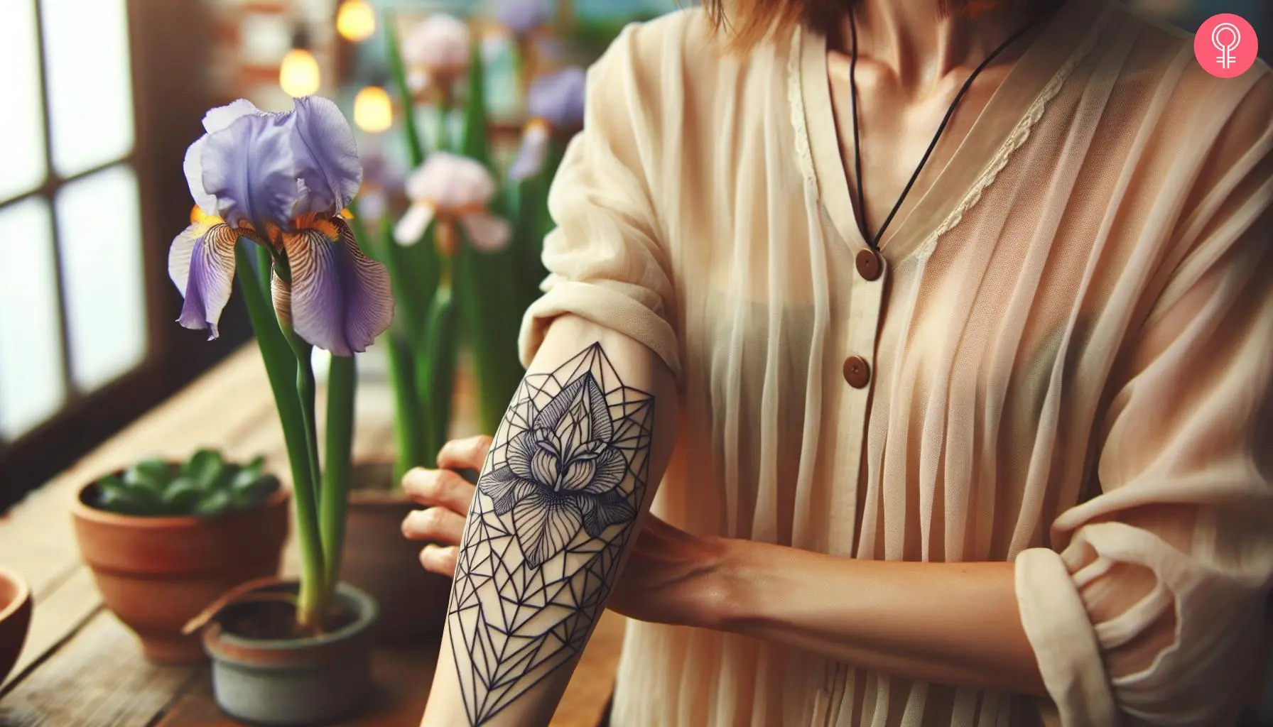 Geometric iris flower tattoo on the arm of a woman