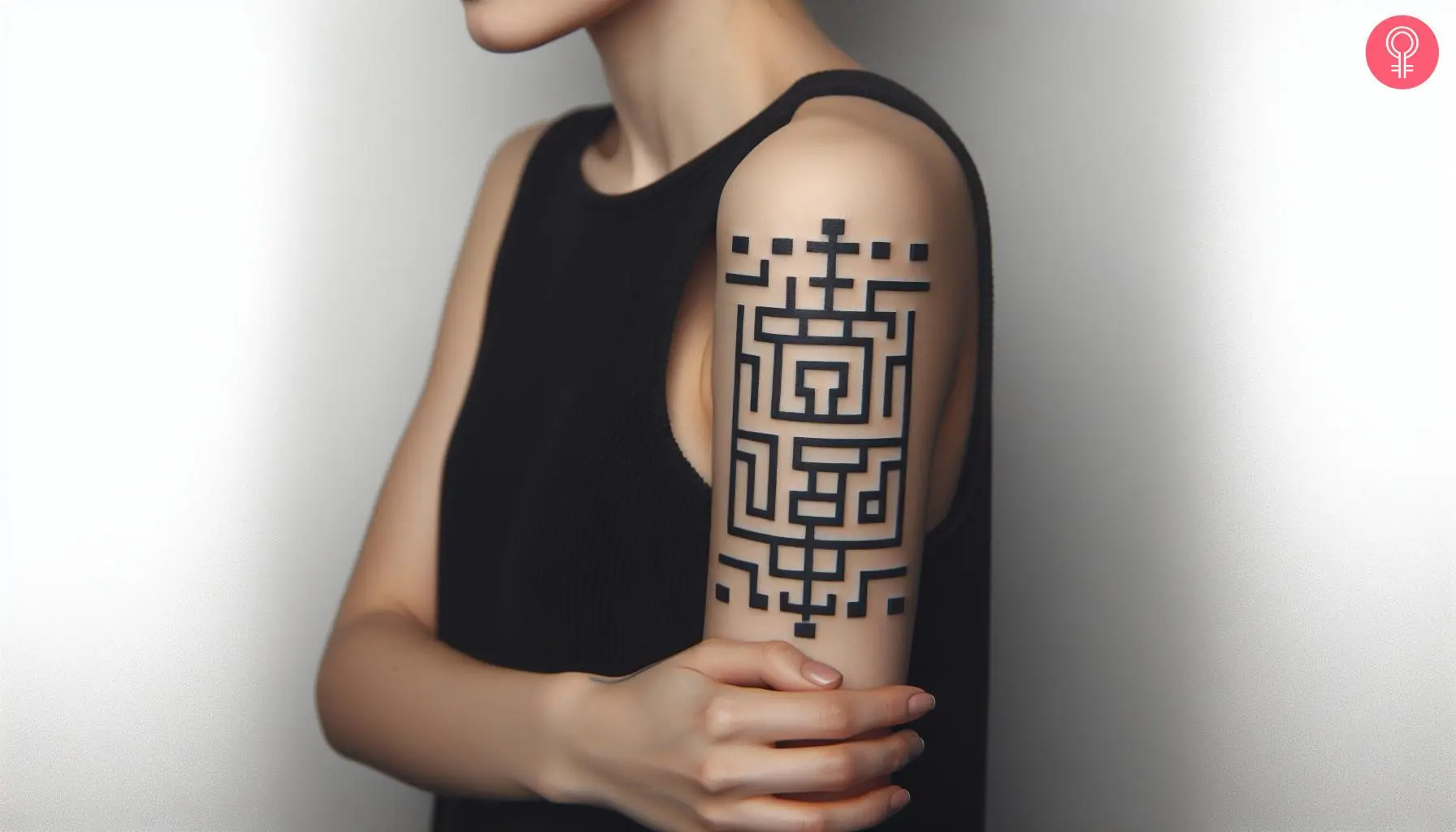 A woman with a black geometric LEGO tattoo on her upper arm