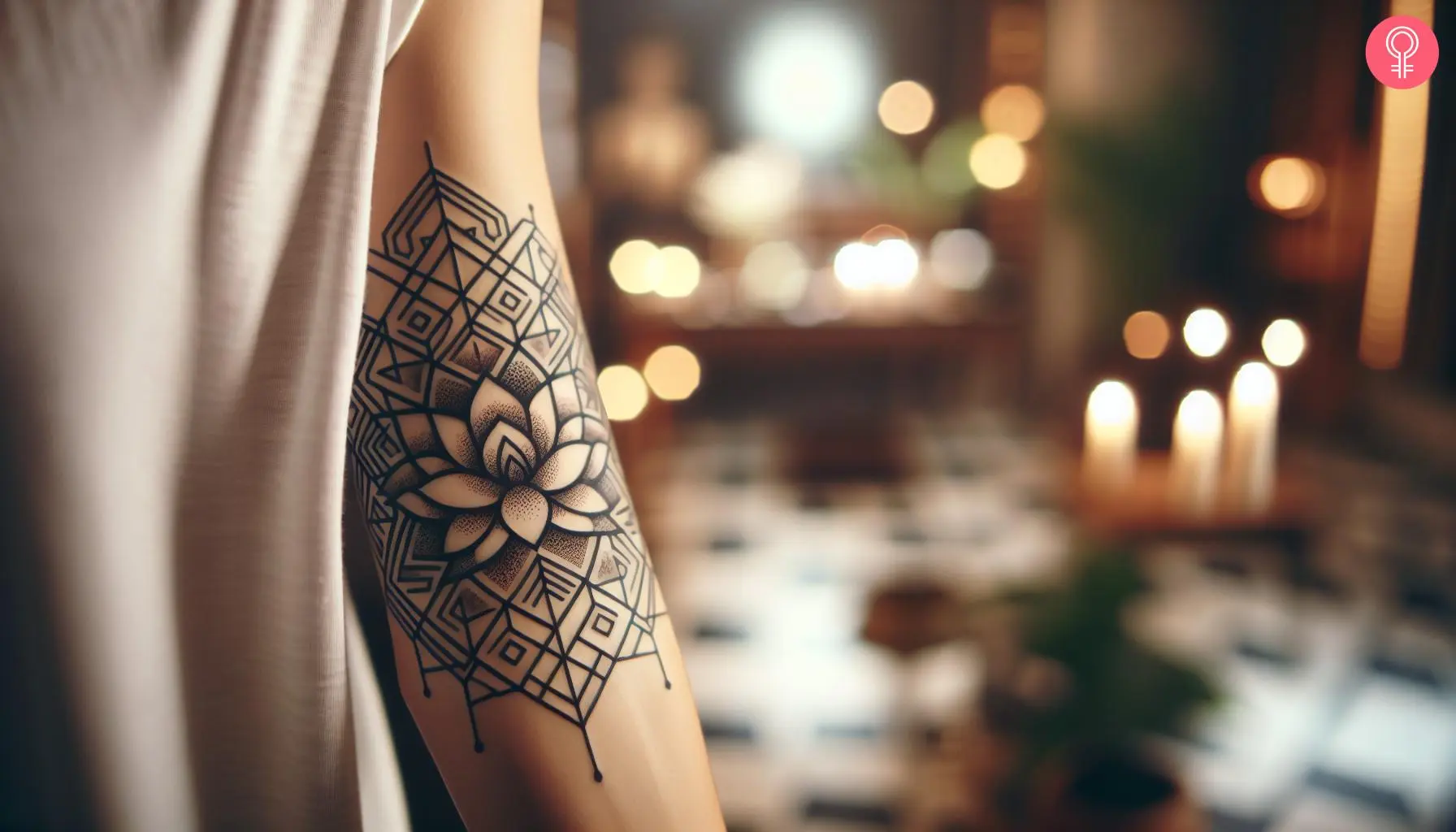 Geometric lotus flower tattoo on the arm of a woman