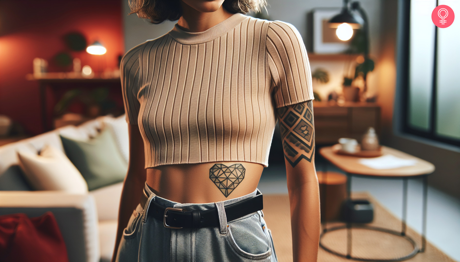 A geometric heart tattoo above the waist