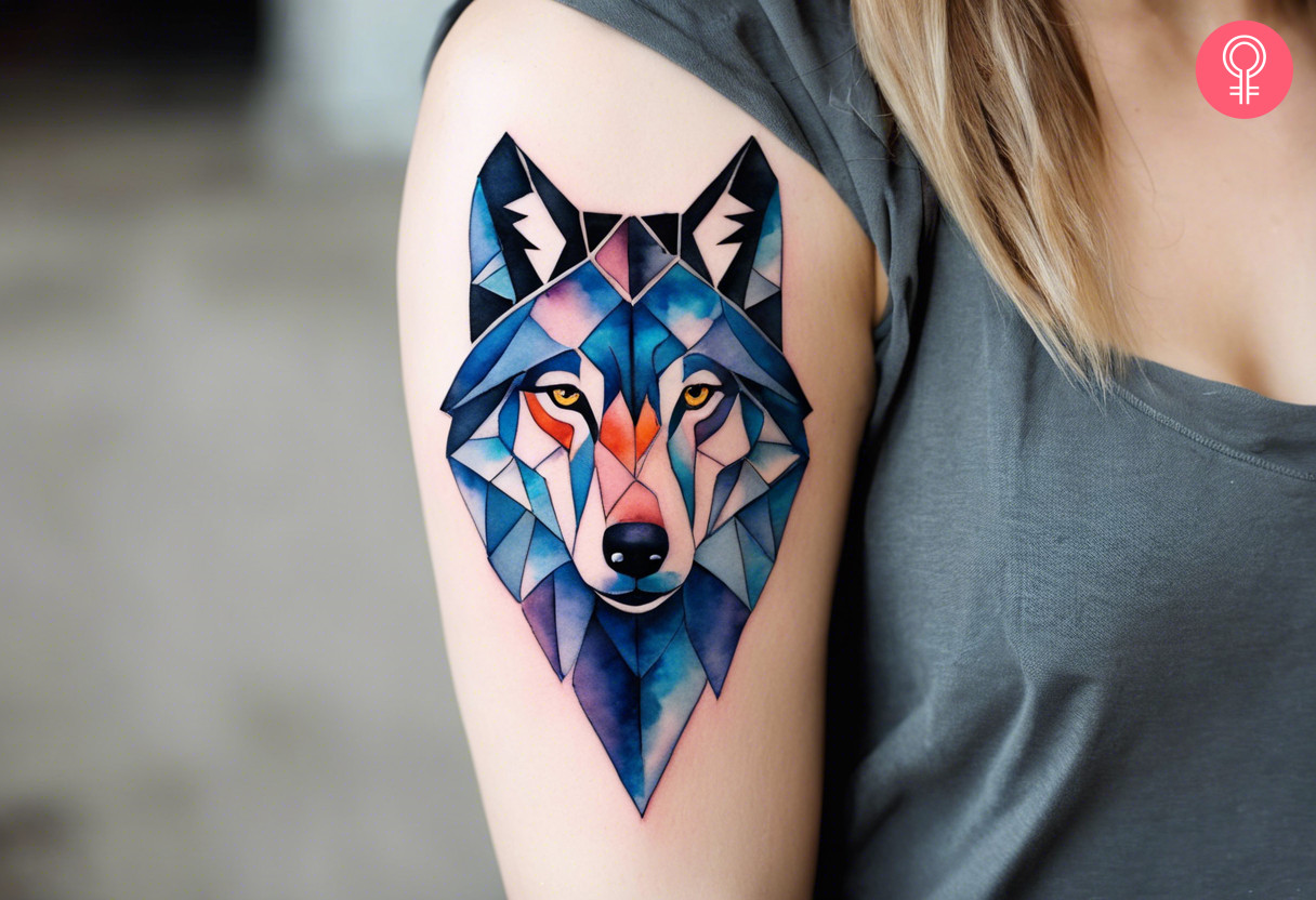 A geometric watercolor wolf tattoo on the upper arm of a woman