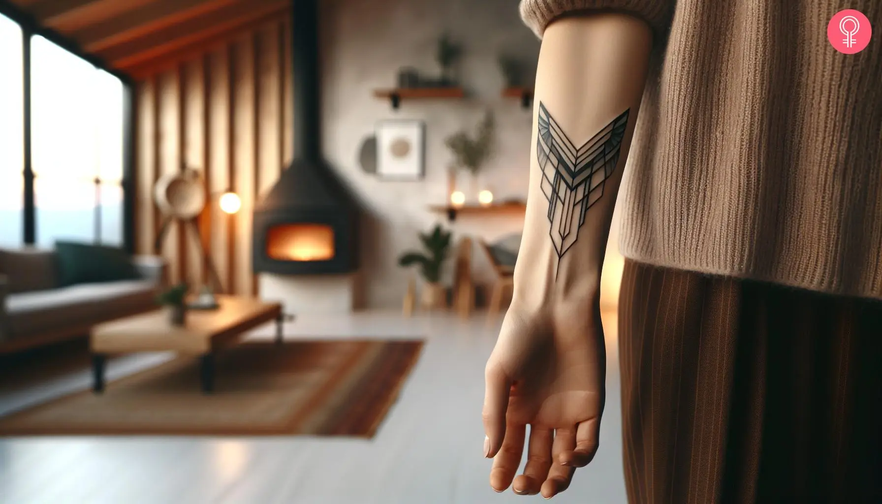 A geometric winged victory tattoo on the forearm of a woman