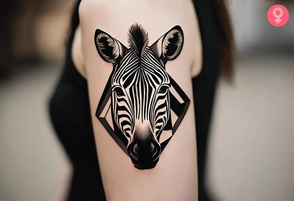 A geometric zebra tattoo design on the upper arm