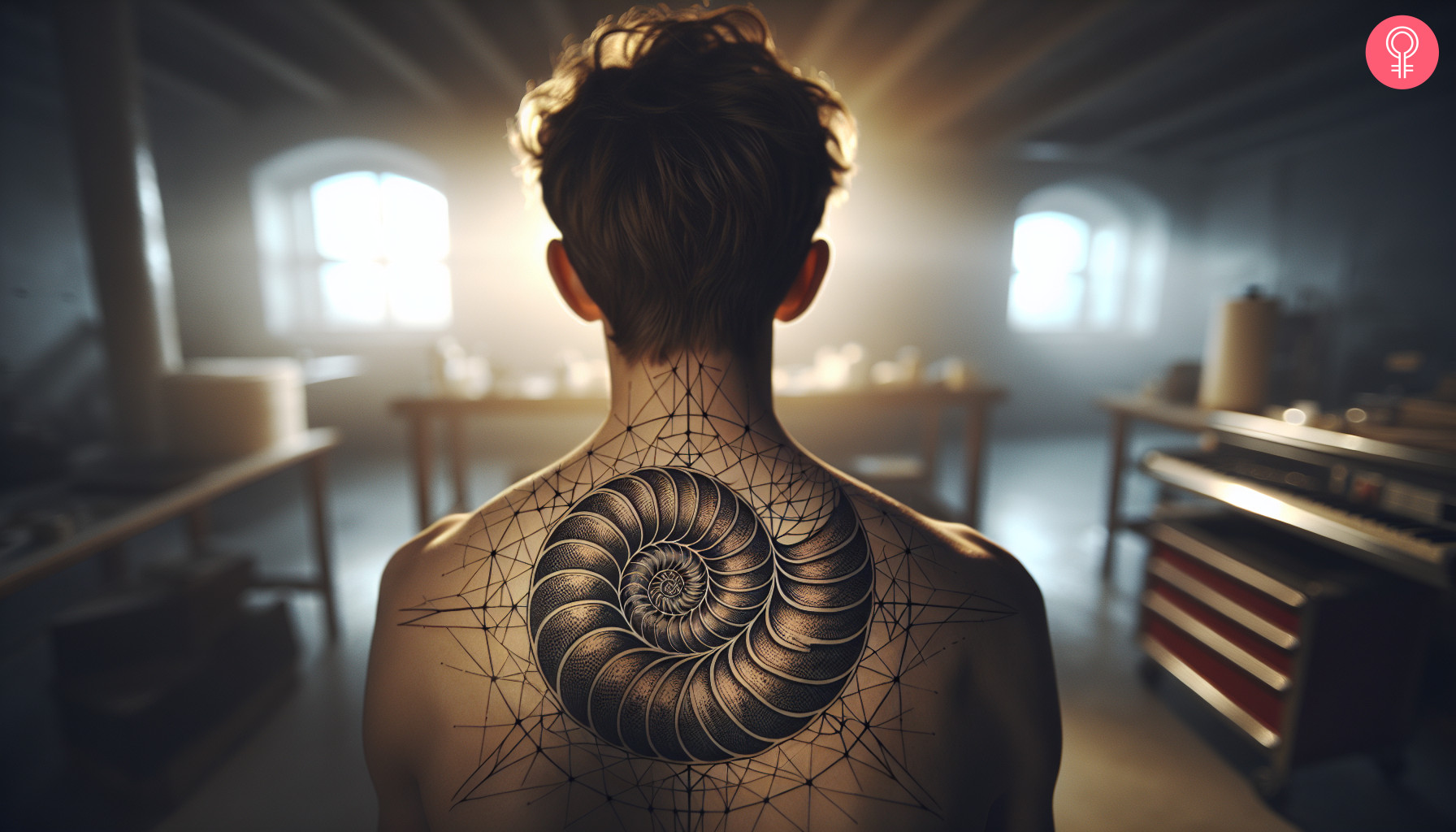 Geometric ammonite tattoo on the back of a man