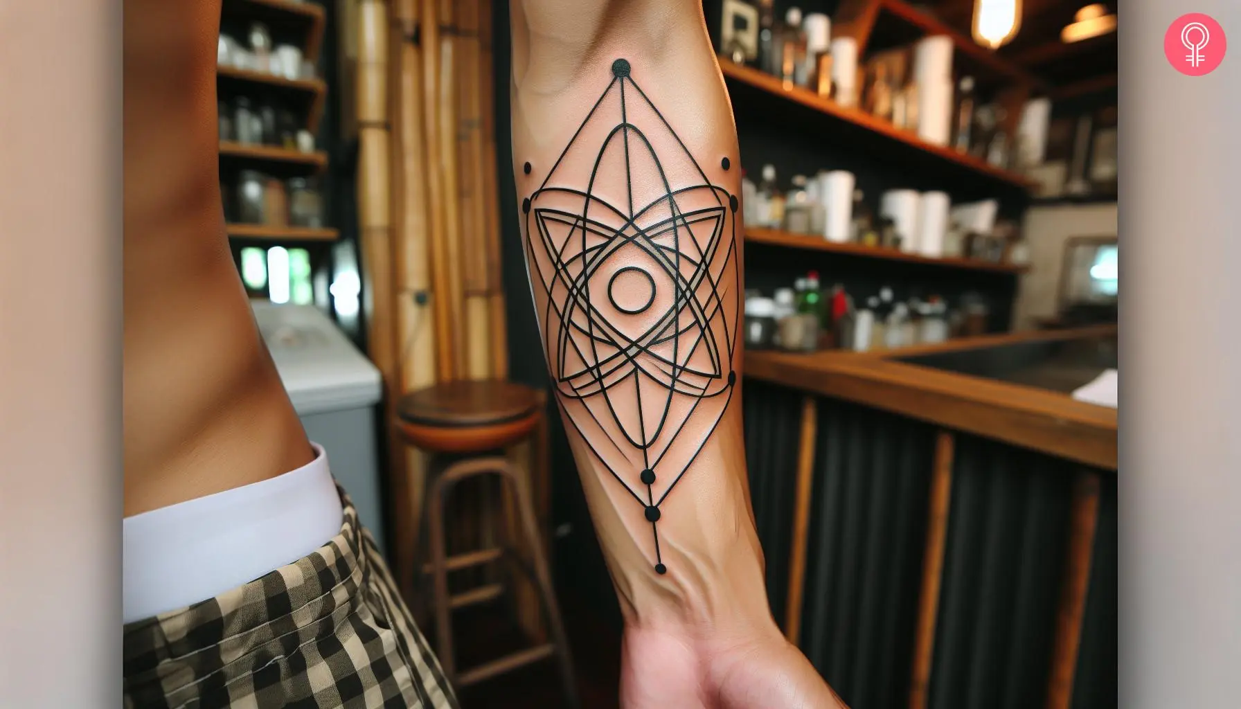 Geometric atom tattoo design on the forearm of a man