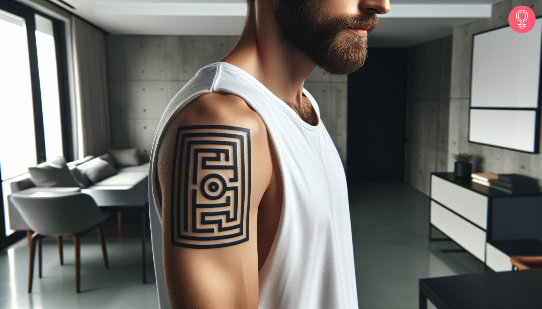 Geometric maze tattoo on the upper arm of a man