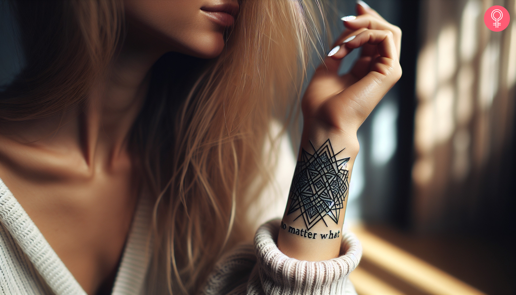Geometric ‘no matter what’ tattoo on the wrist of a woman