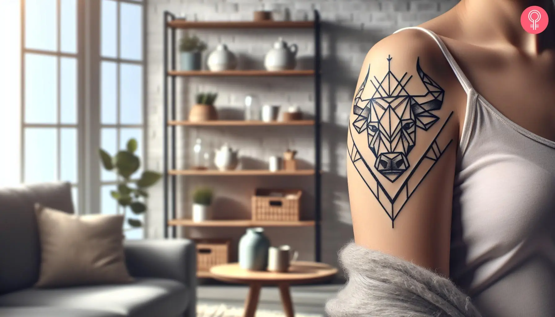 Geometric ox tattoo on the upper arm of a woman