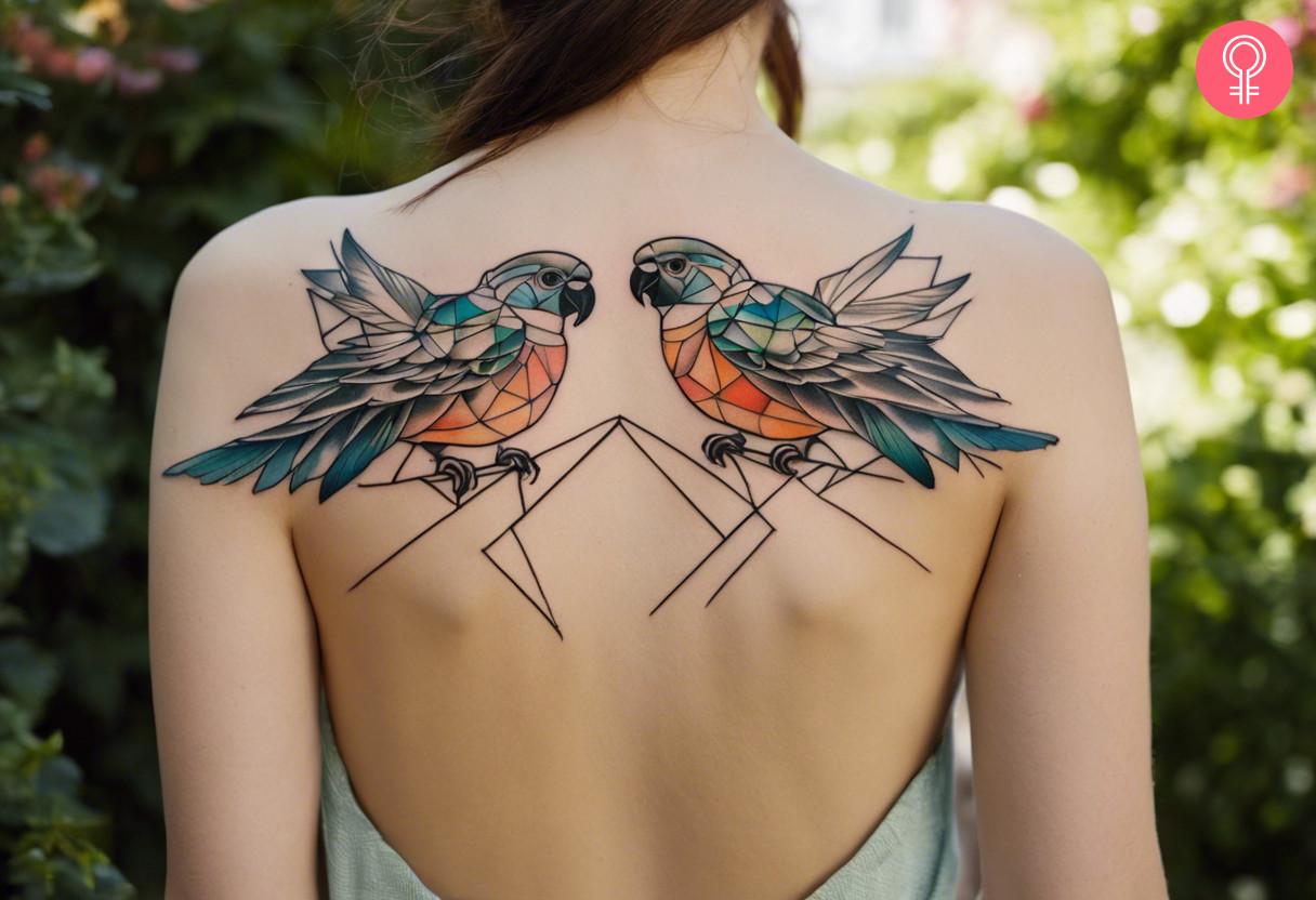 Geometric symmetrical bird tattoo on upper back