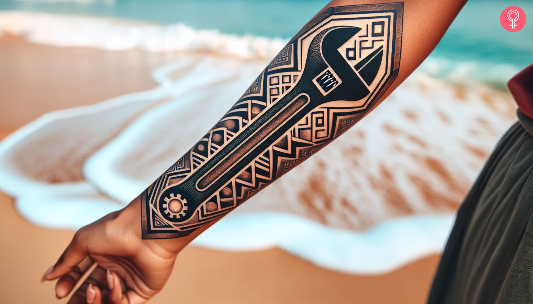 Geometric wrench tattoo on a woman’s forearm