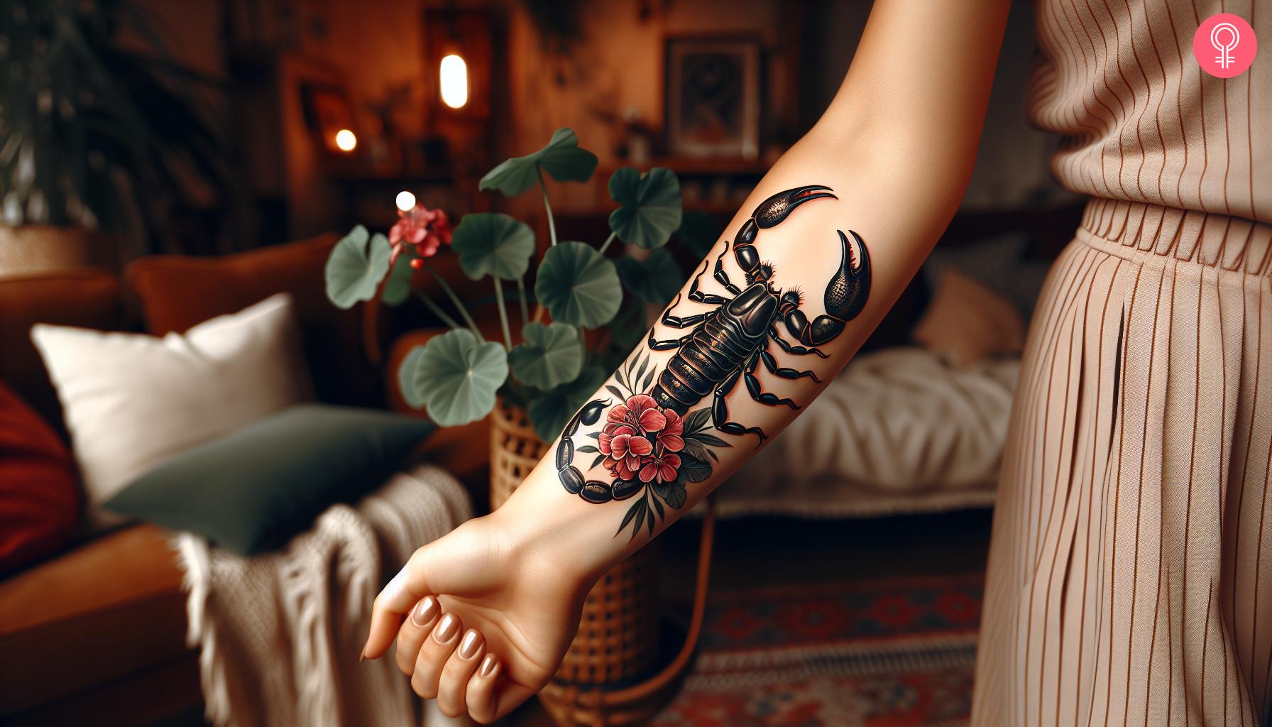 Geranium and scorpion tattoo on a woman's forearm