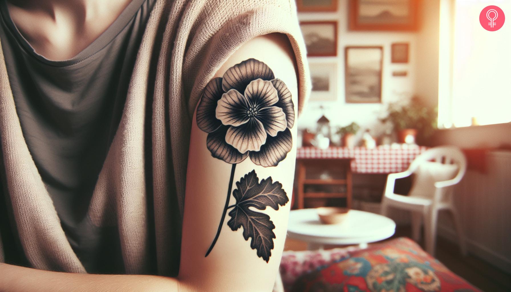 Geranium black and white tattoo on upper arm