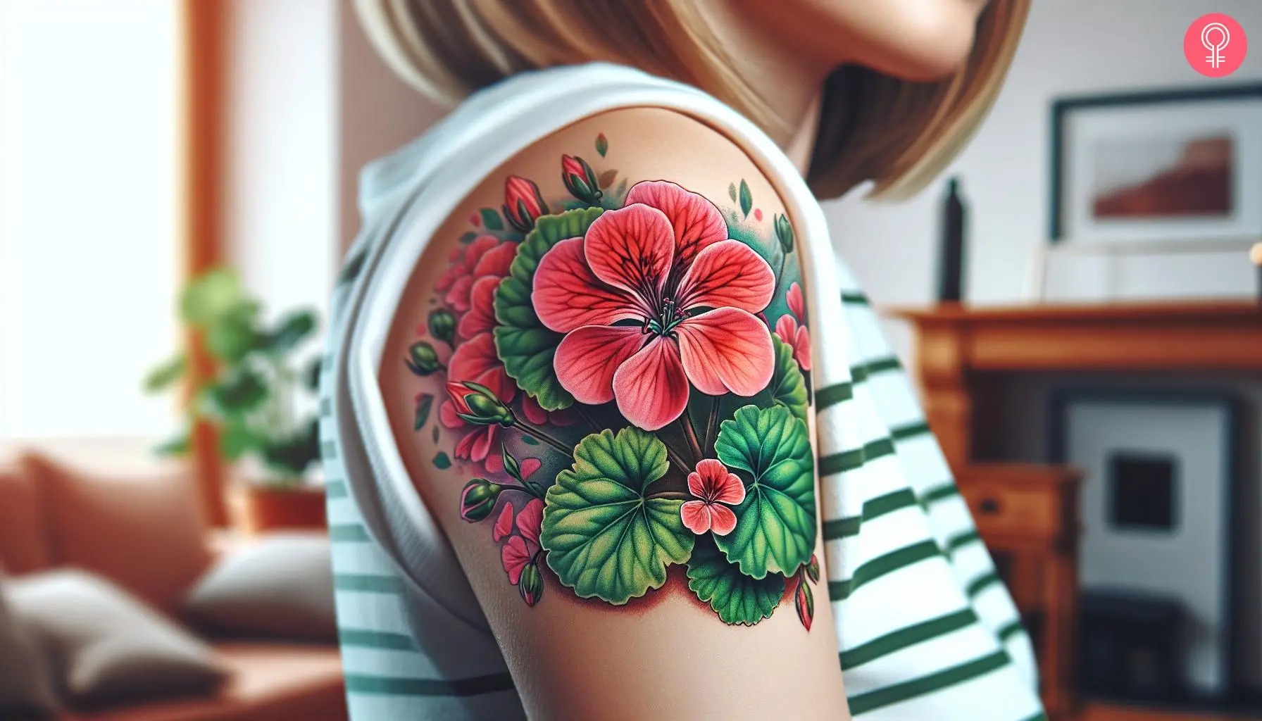 Geranium flower tattoo on the upper arm of a woman