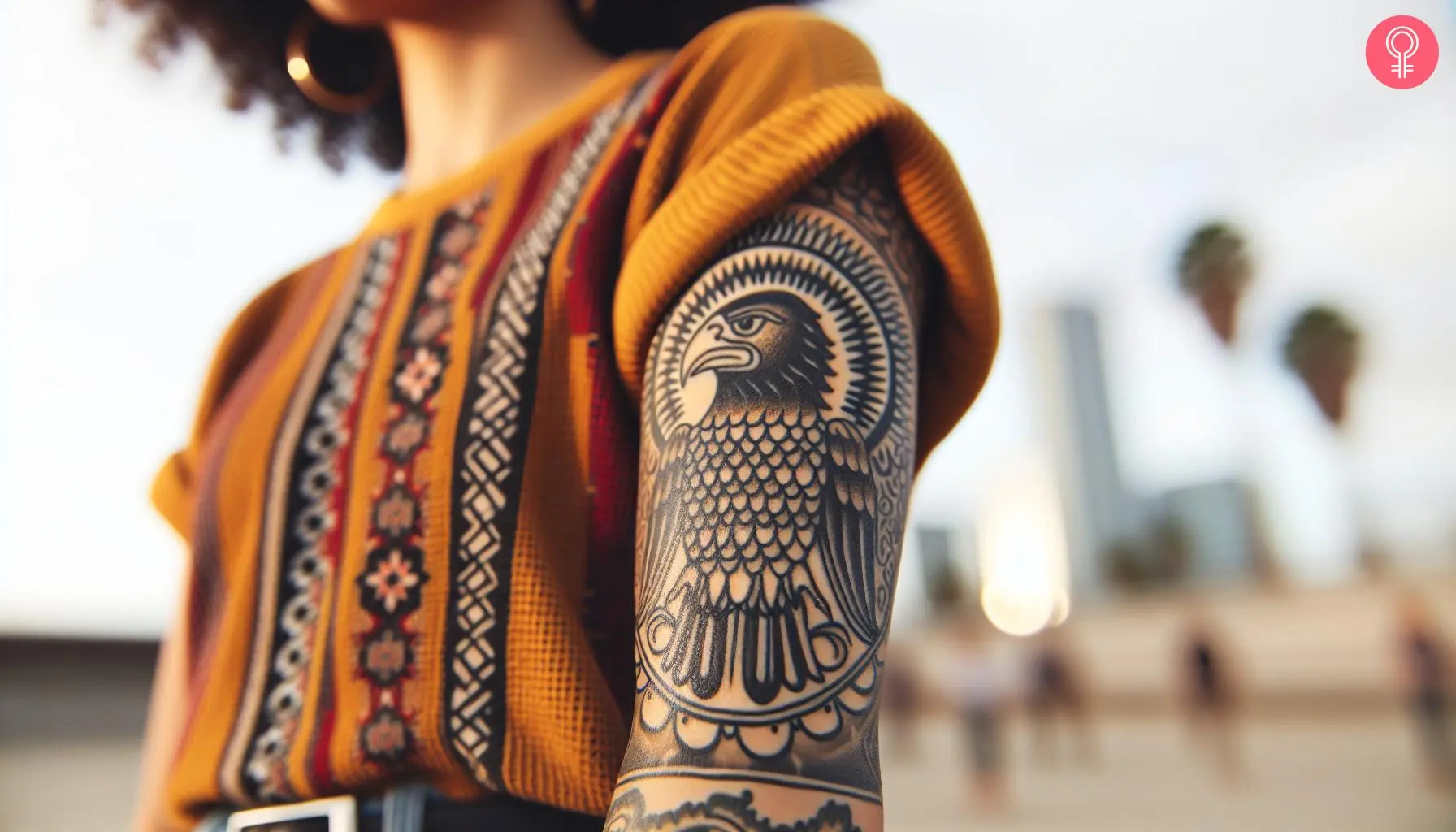 German heritage tattoo on the upper arm of a woman