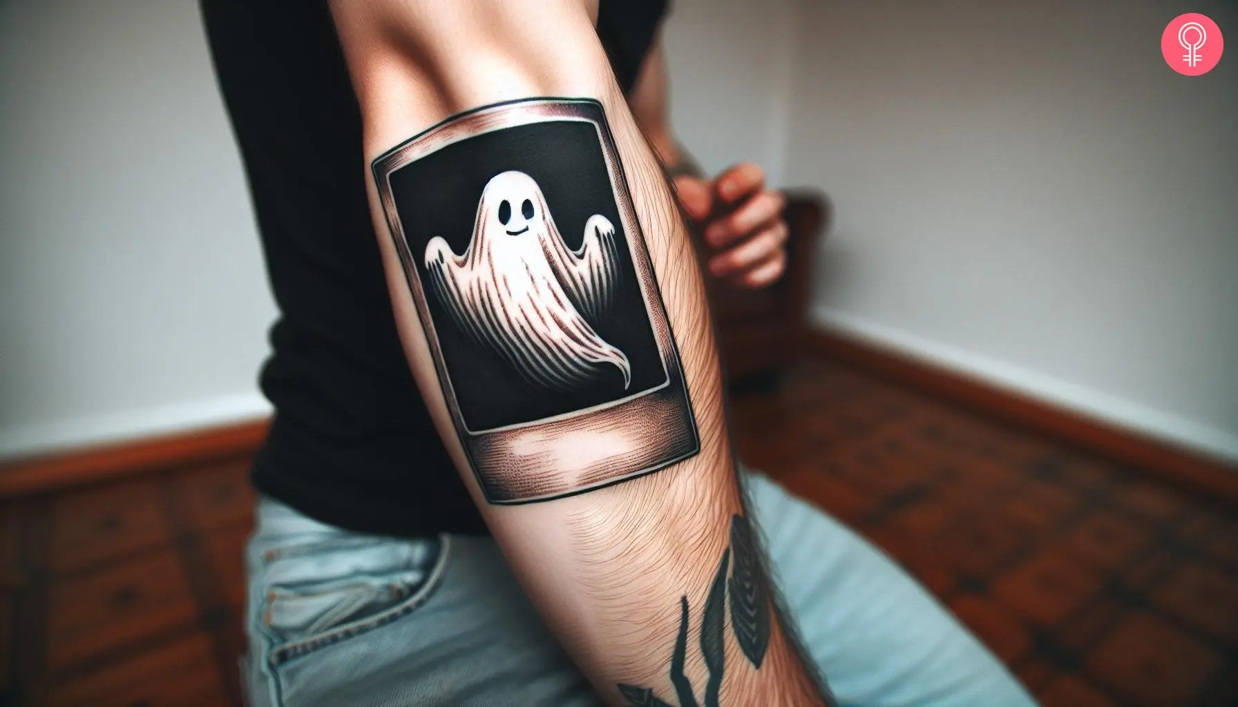 Ghost polaroid tattoo on the forearm of a man