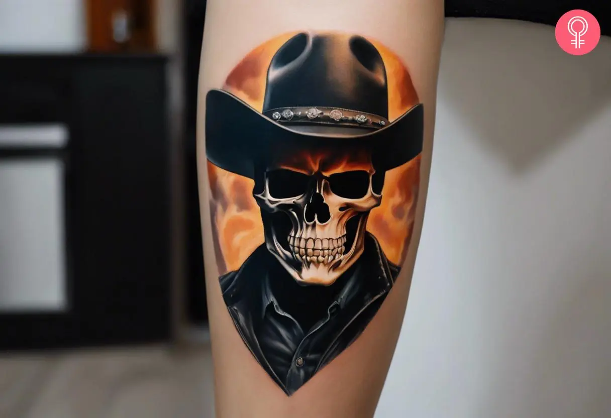 A Ghost Rider cowboy tattoo on the calf