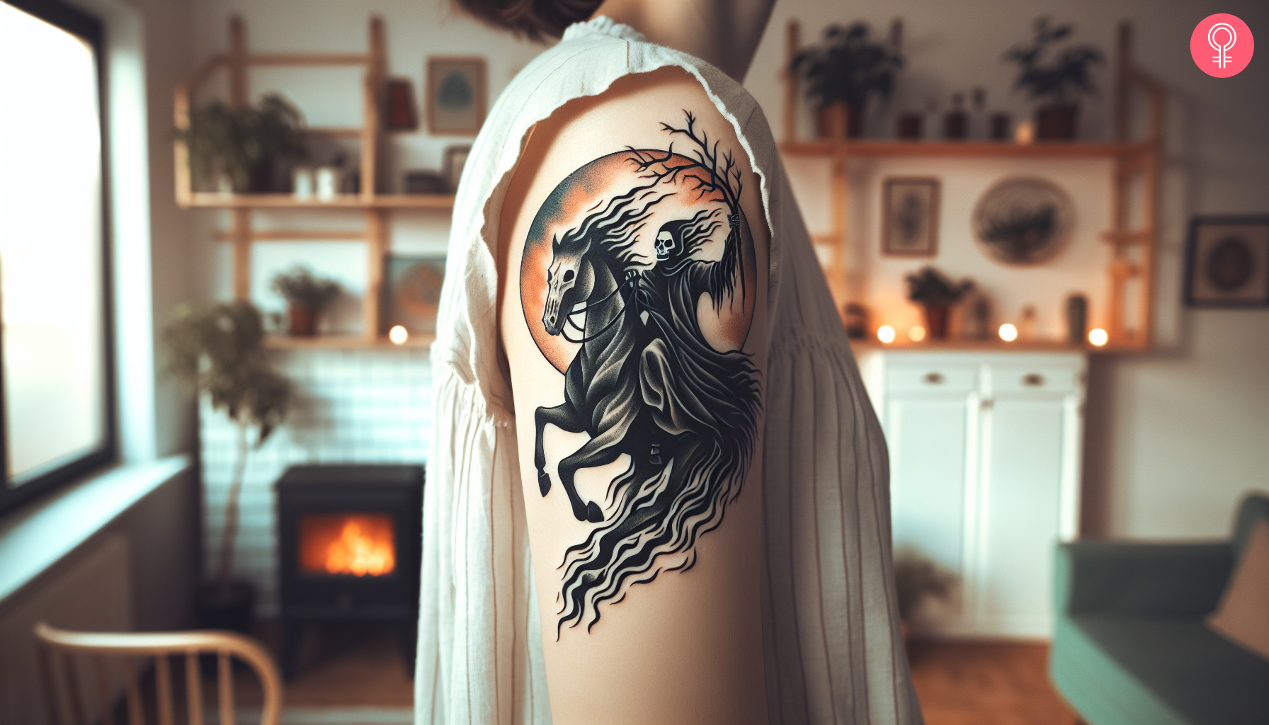 A Ghost Rider horse tattoo on the upper arm