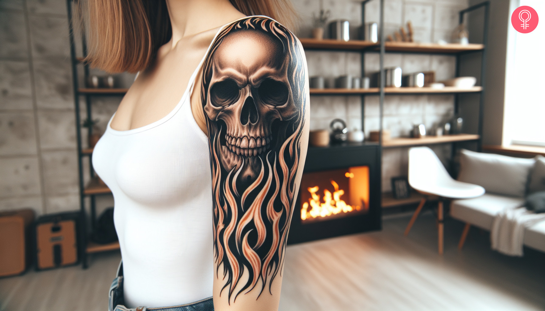 A Ghost Rider skull tattoo on the upper arm