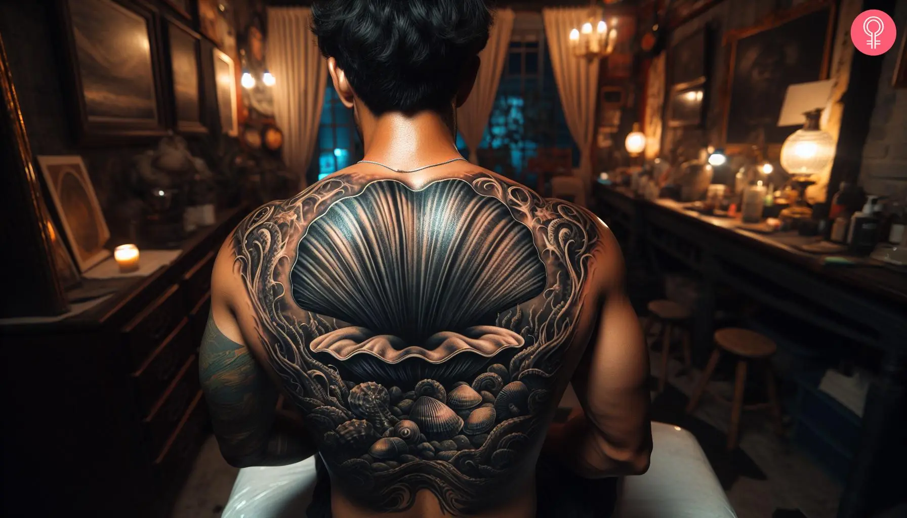 A giant clam tattoo on the back of a man