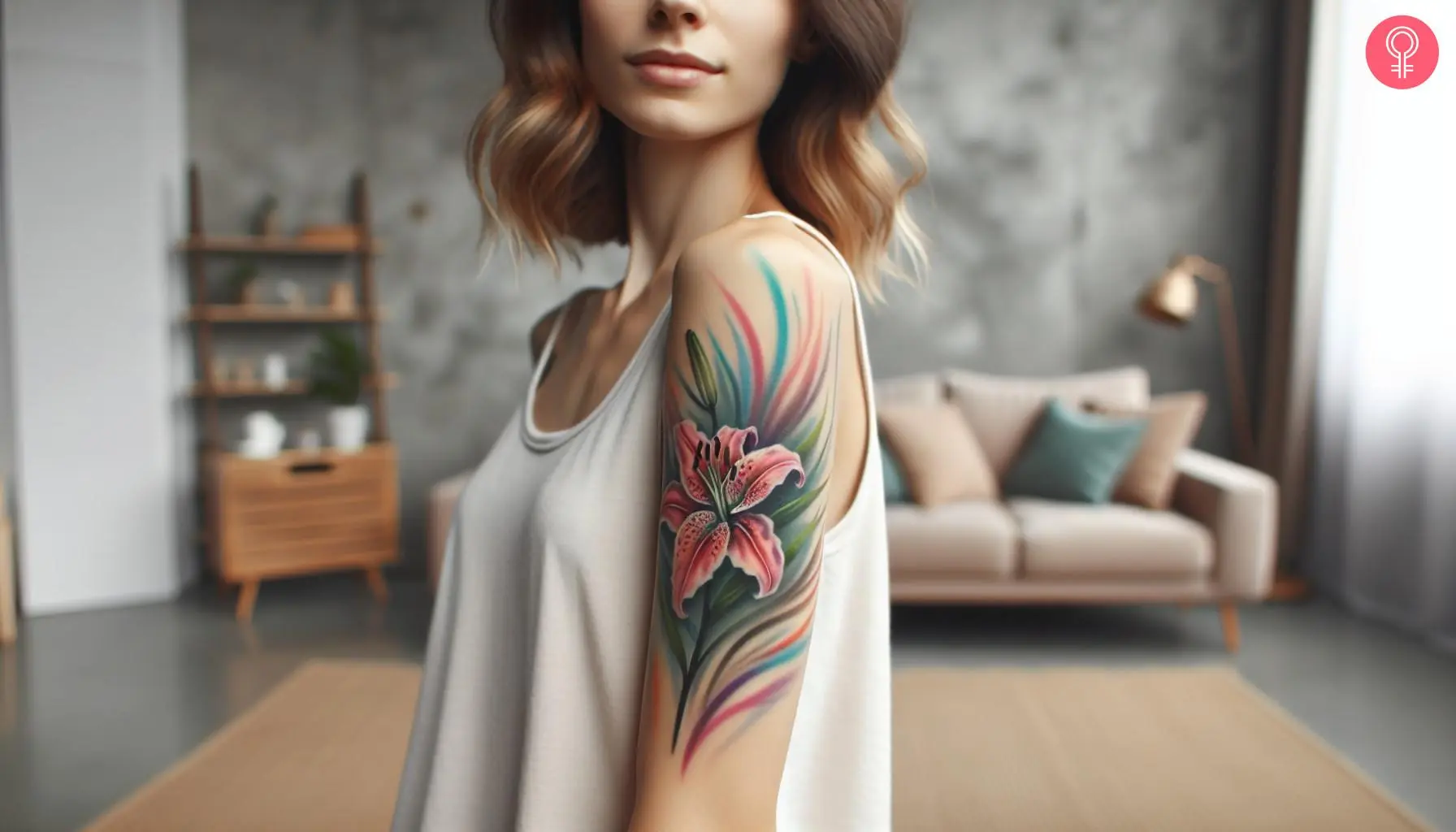 Girl with an airbrush flower tattoo on her upper arm 