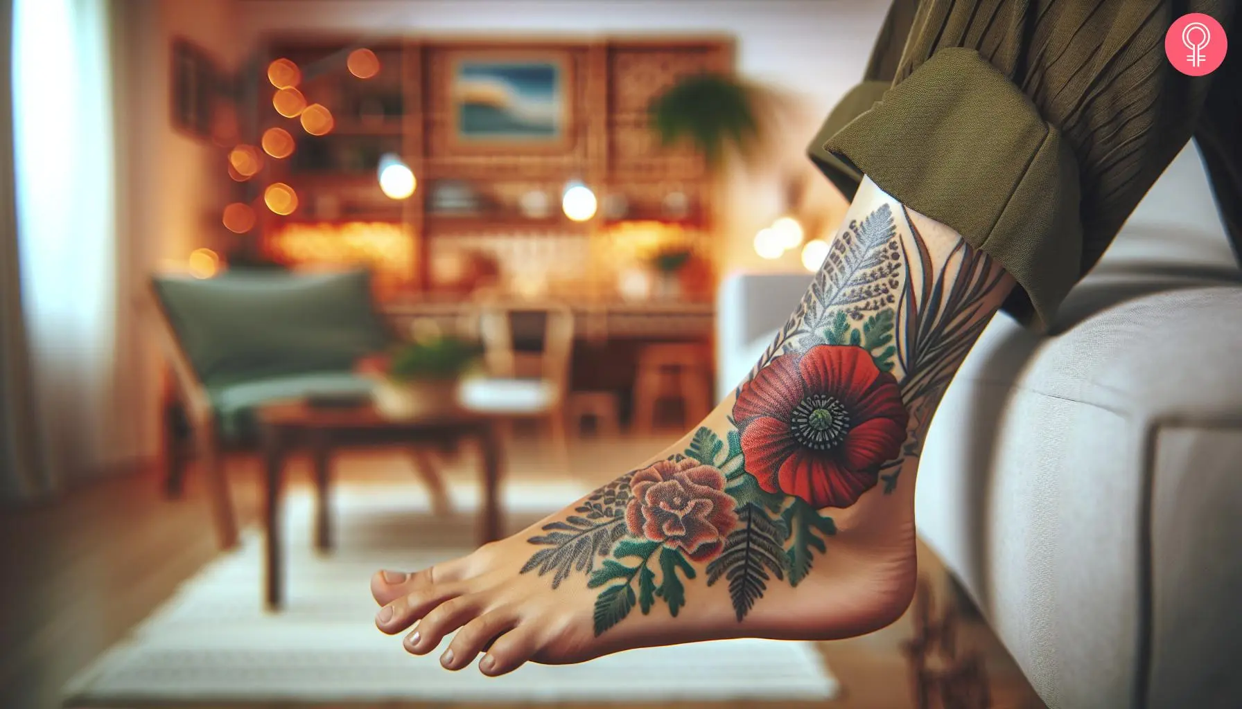 Woman with a girly foot tattoo with flowers