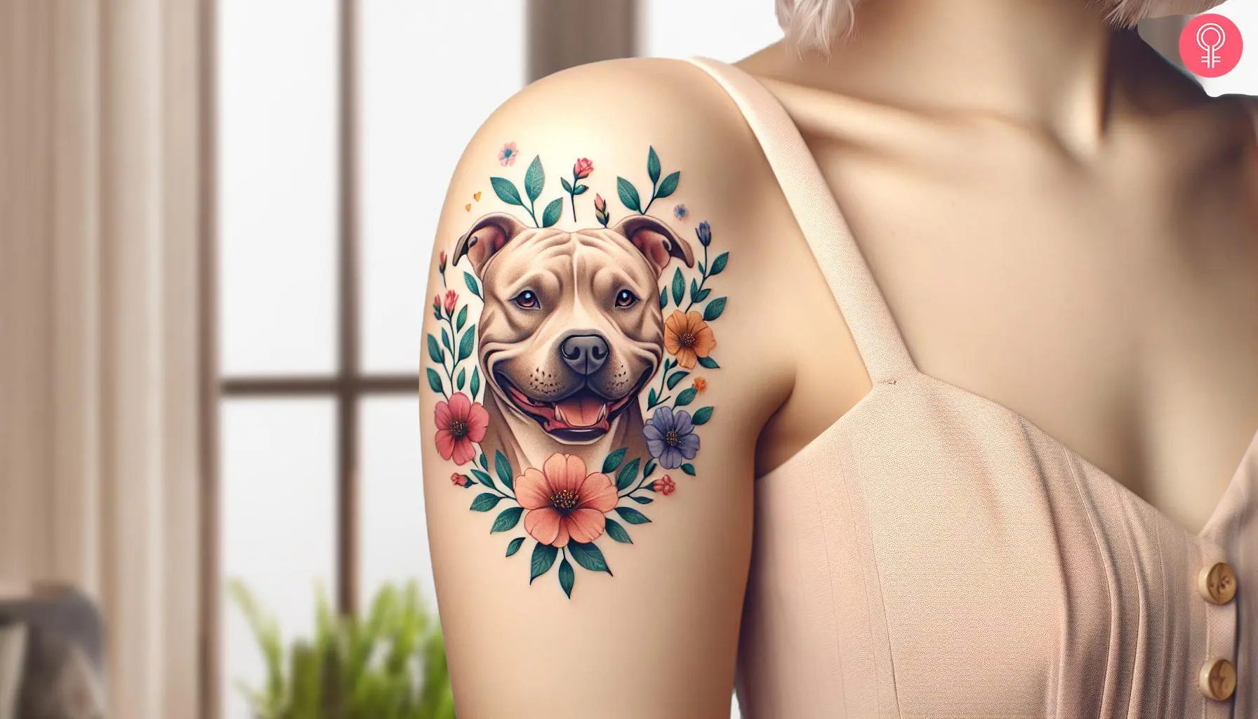 Girly cute Pitbull tattoo on the upper arm