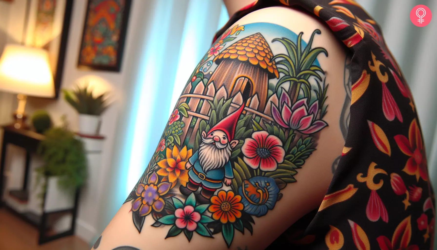 A garden gnome tattoo on a woman’s upper arm