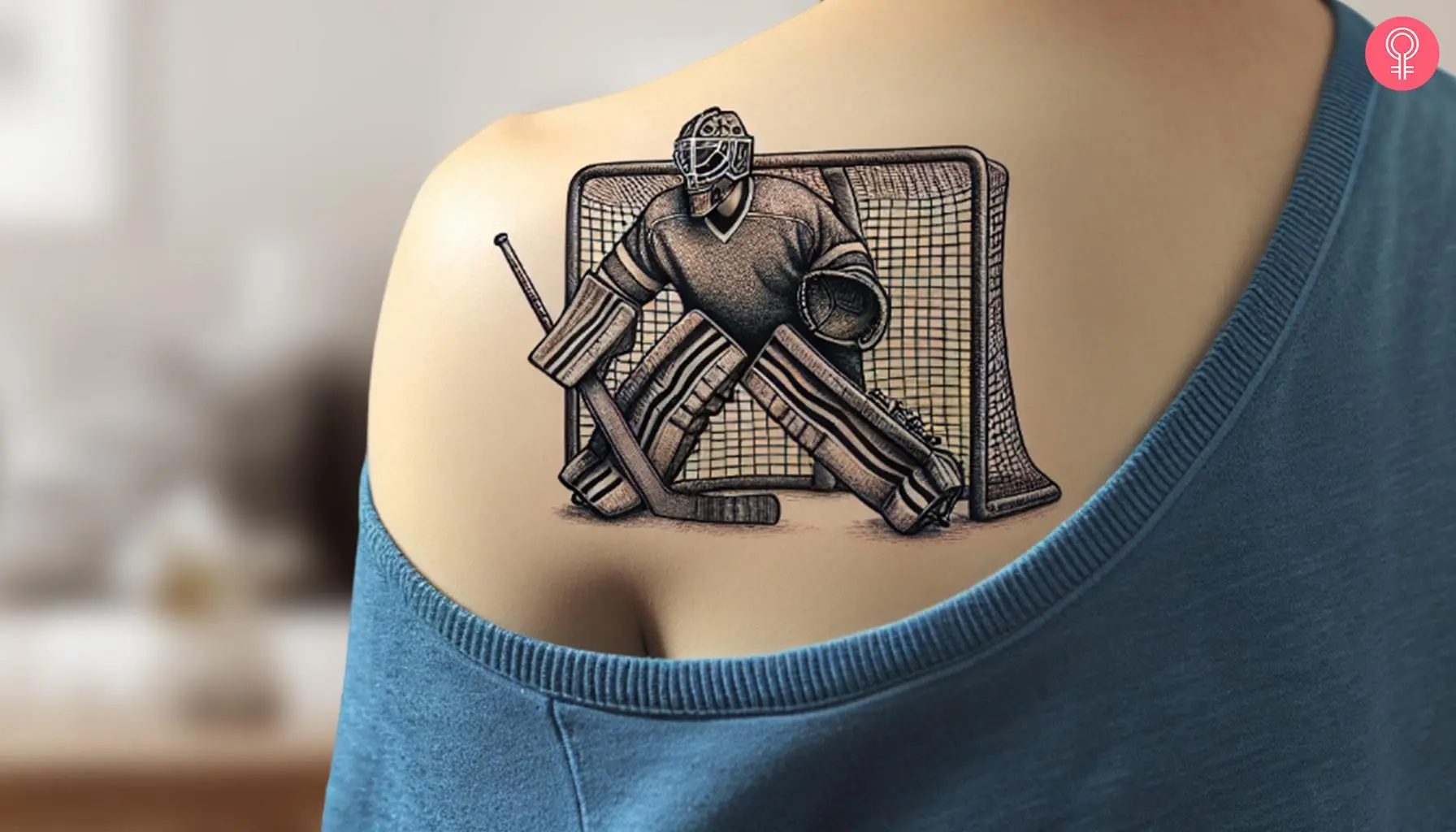 Goalie tattoo on the back shoulder