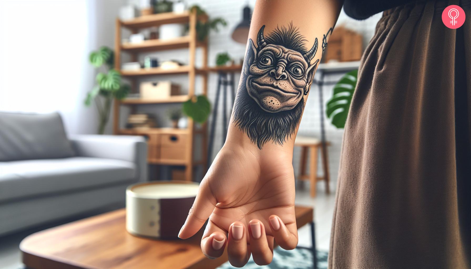 A goblin tattoo on the wrist