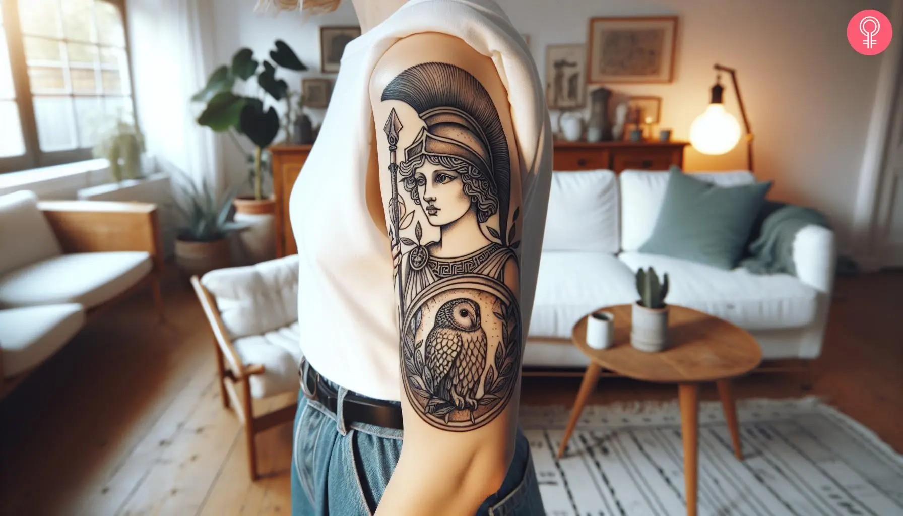 Goddess Of Wisdom tattoo on the upper arm