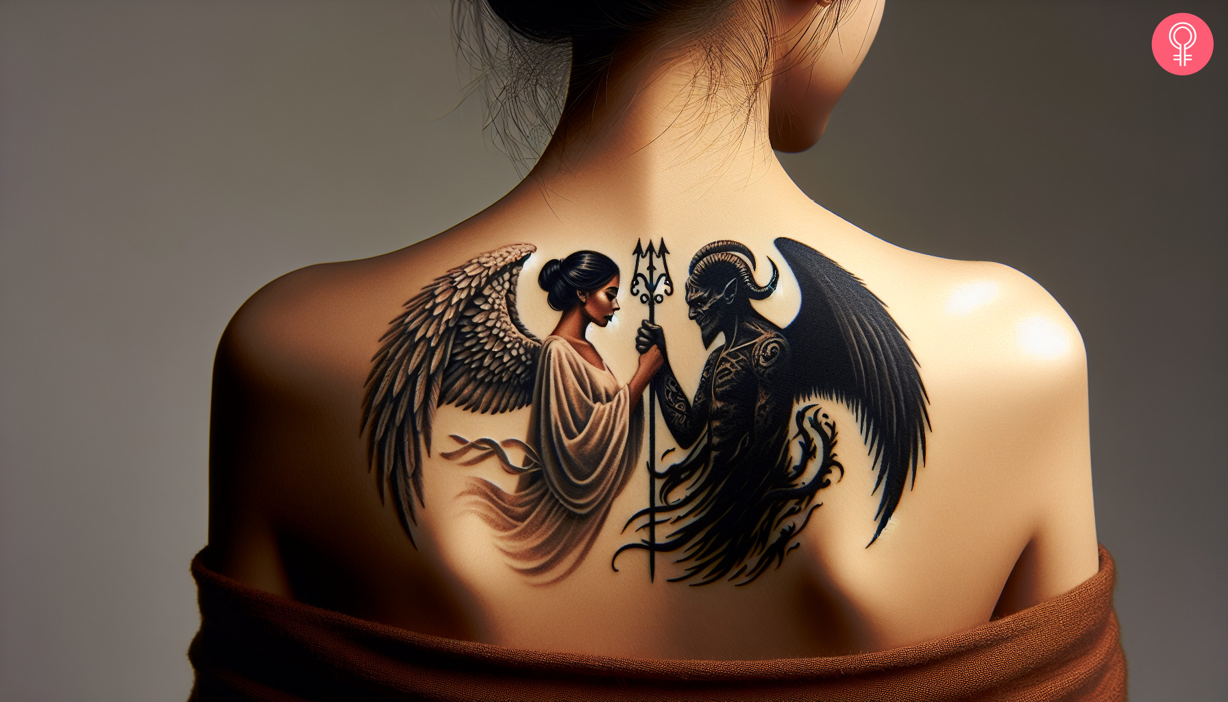 Good-and-evil balance tattoo on the back