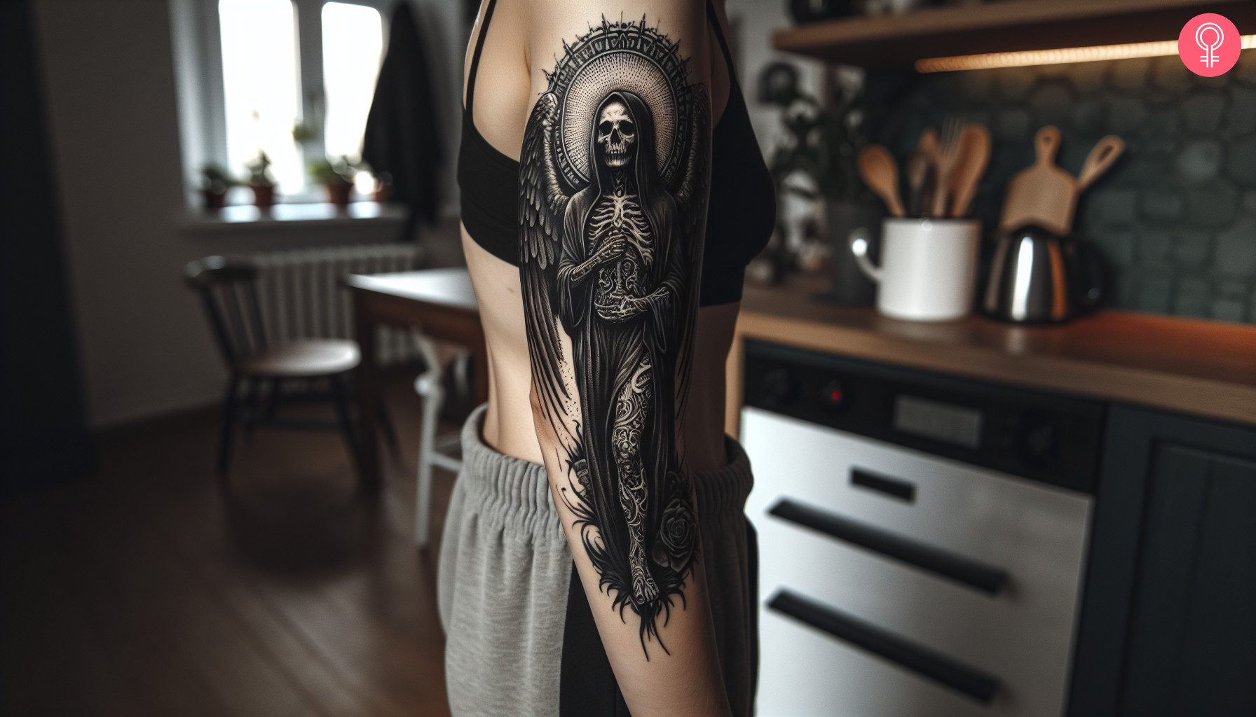 A gothic angel of death tattoo on the upper arm