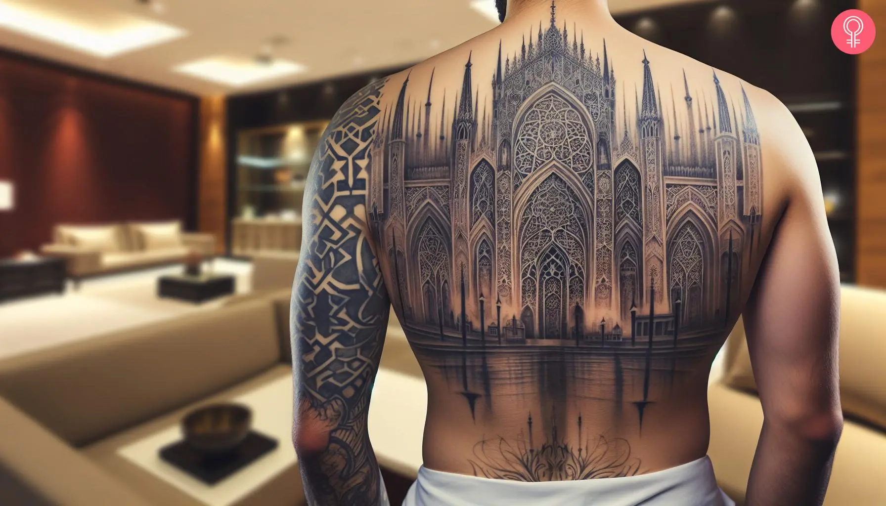 Gothic building tattoo on the back of a man