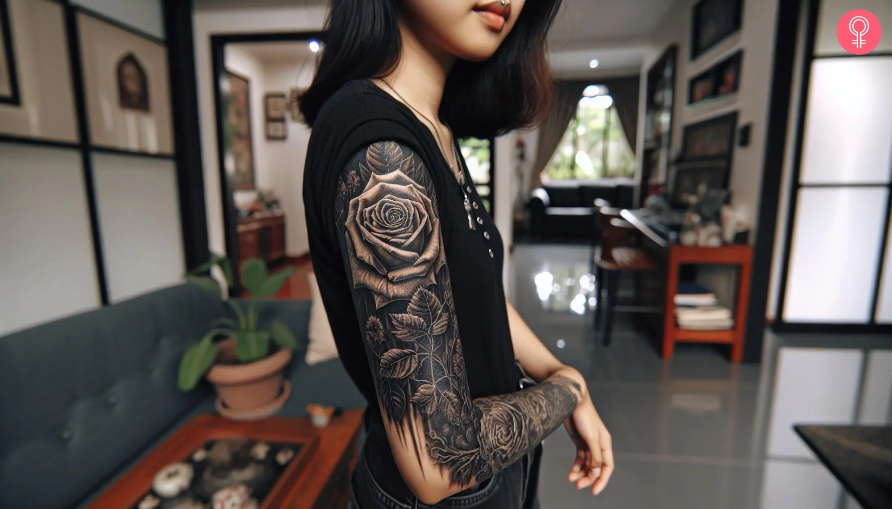 Gothic dead rose tattoo on the sleeve of a woman