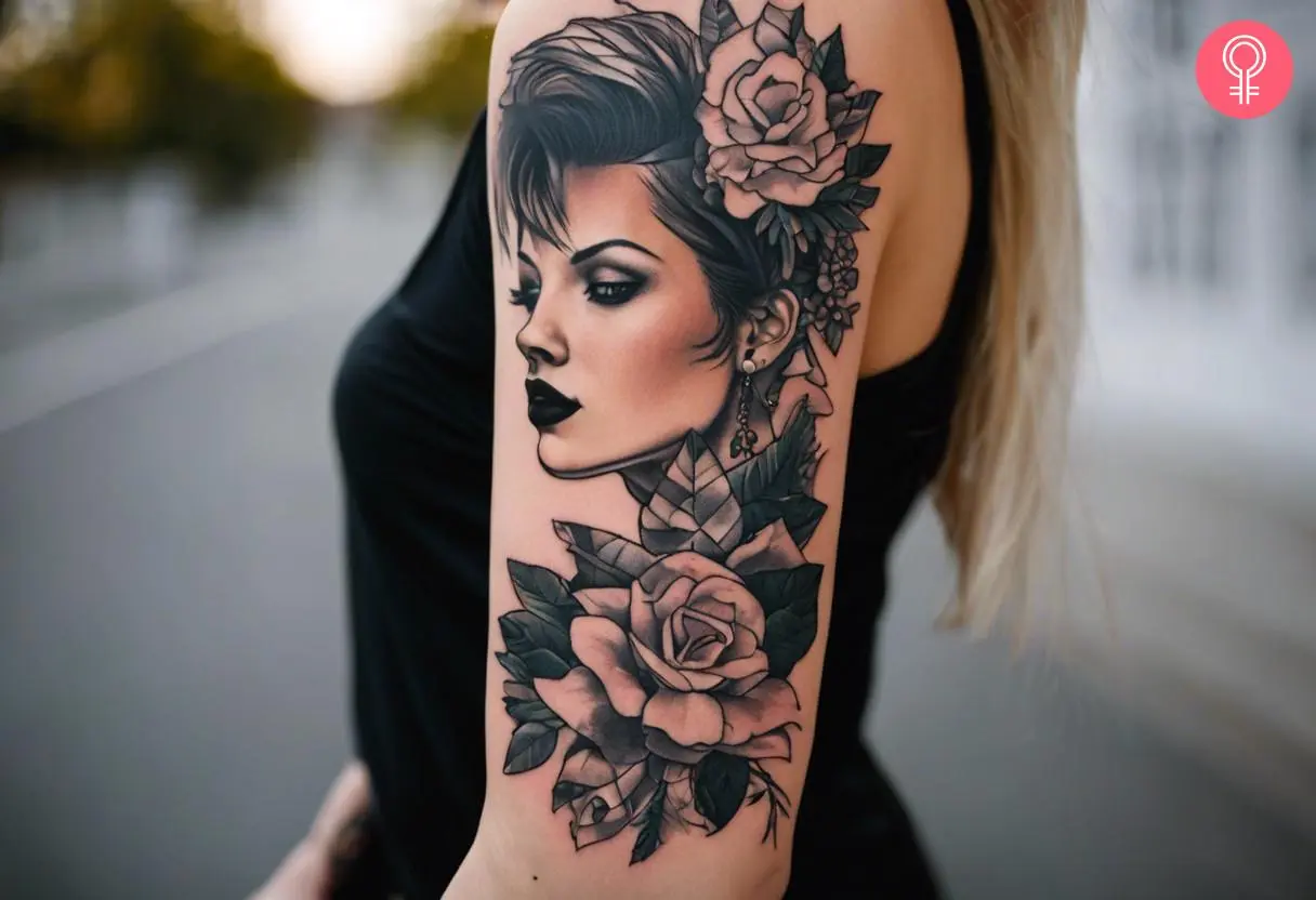 Gothic punk tattoo on a woman’s upper arm