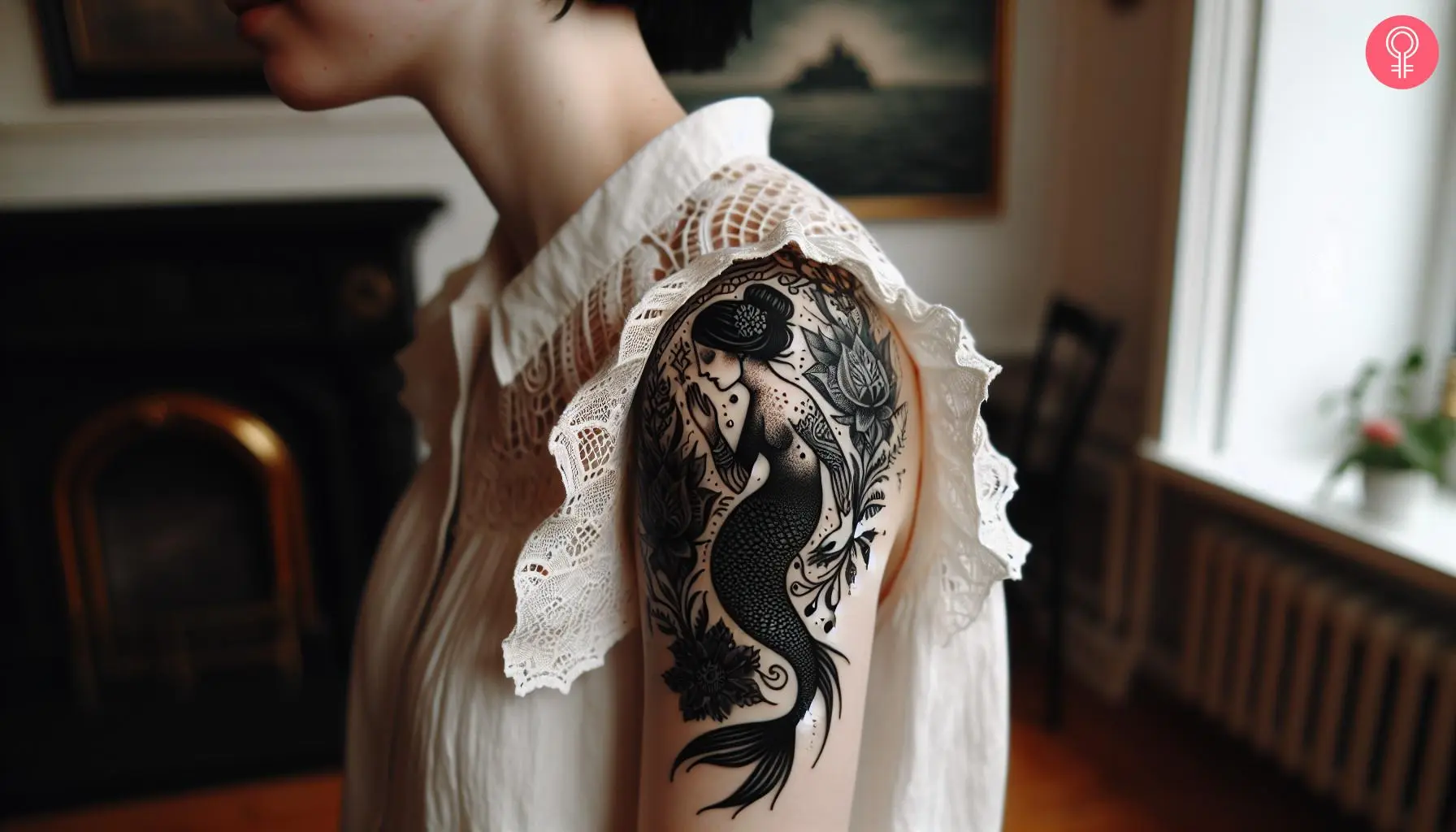 Gothic siren tattoo on the upper arm