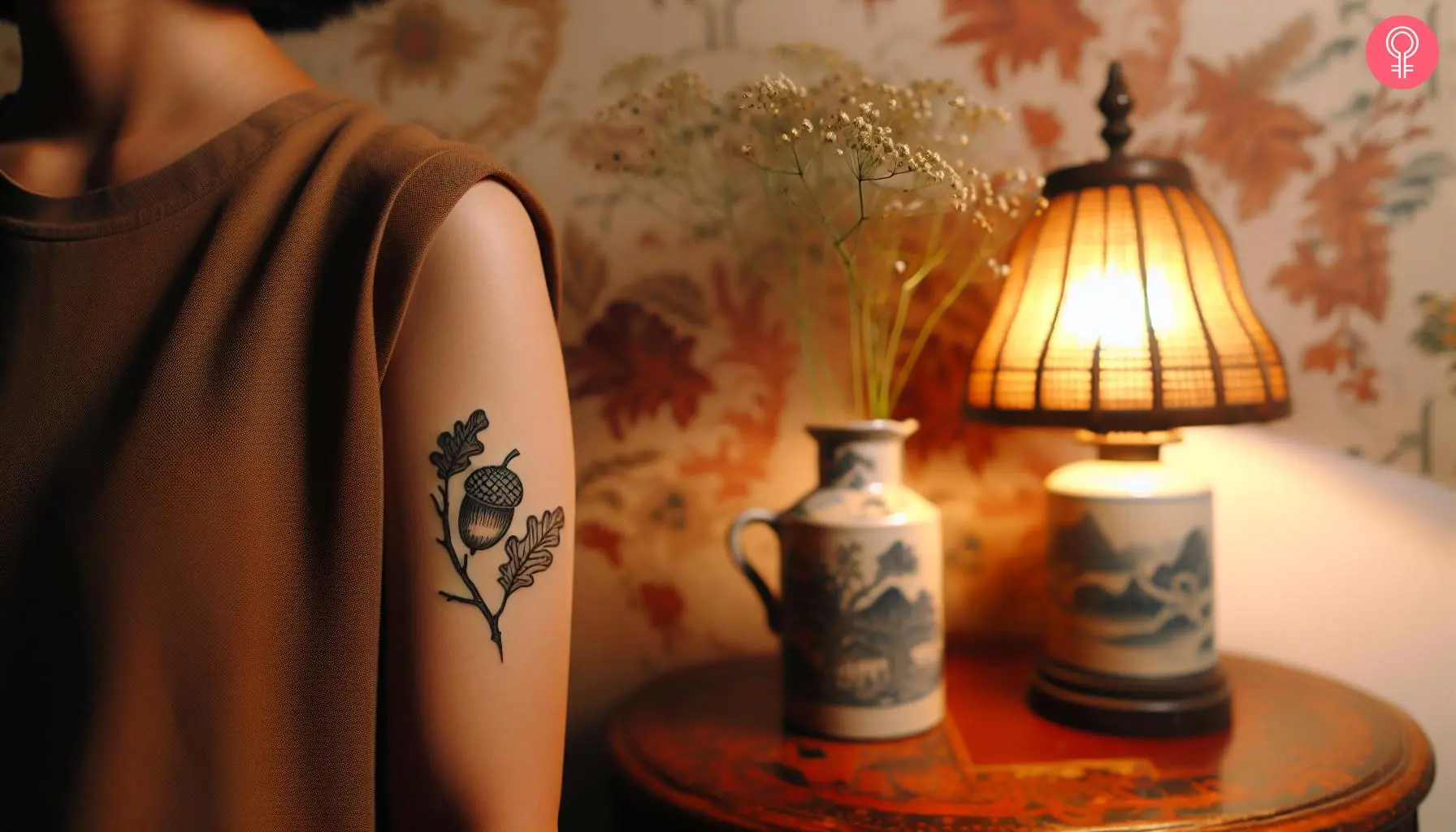 A grayscale oak leaf and acorn tattoo on a woman’s upper arm