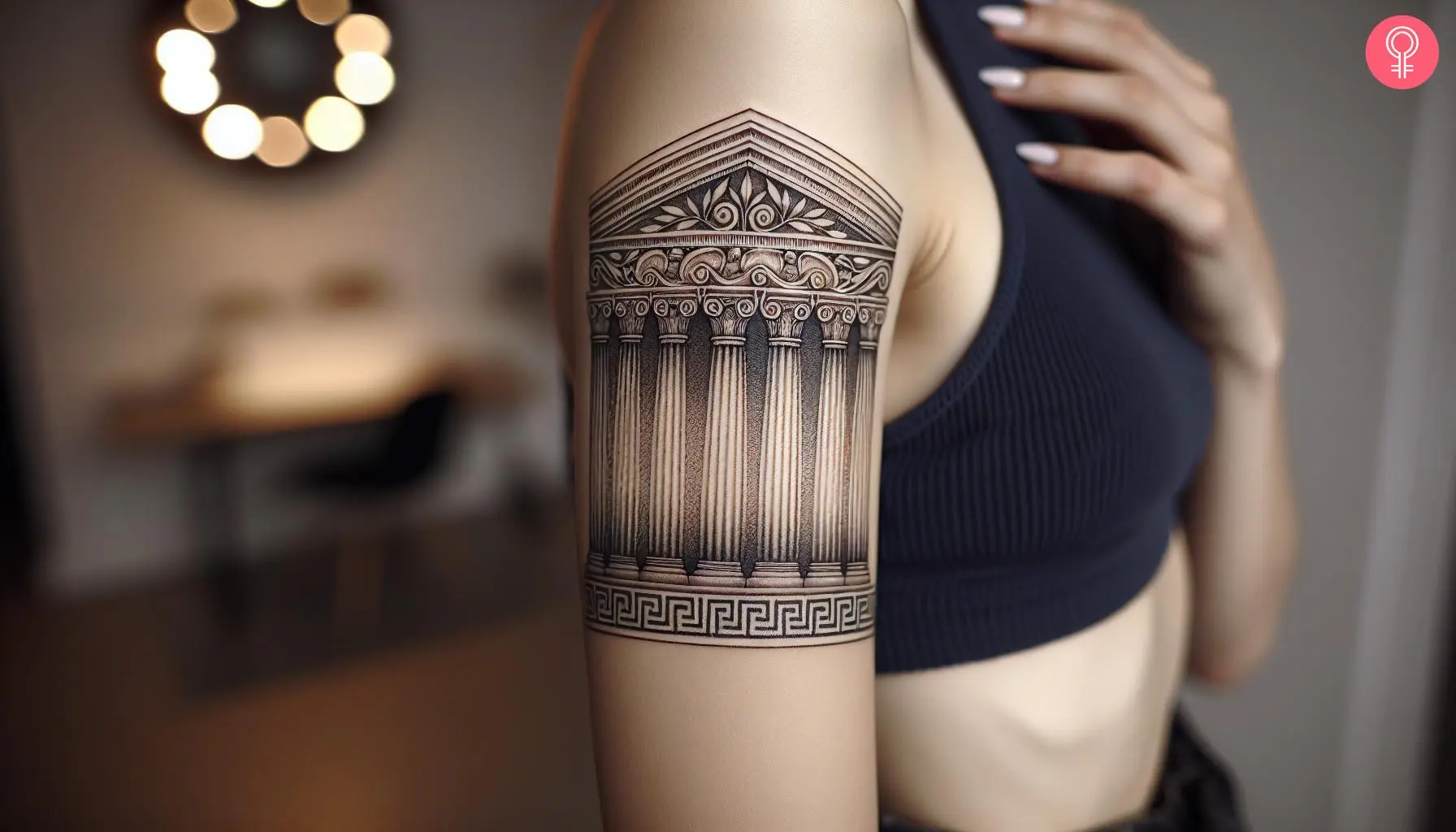 Greek building tattoo on the upper arm of a woman