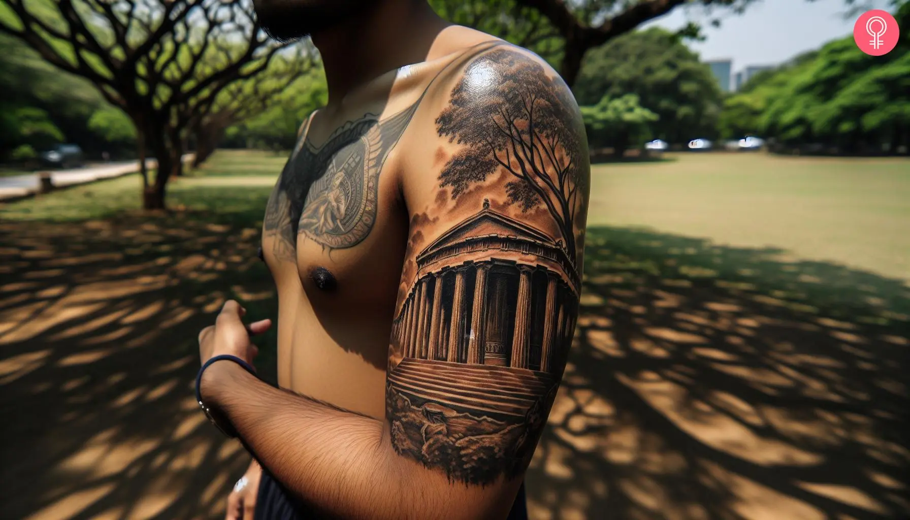 Greek temple tattoo on a man’s upper arm