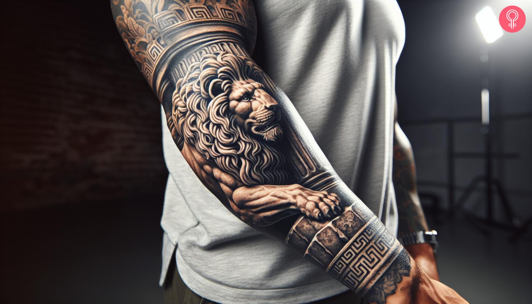 Greek lion statue tattoo on a man's arm