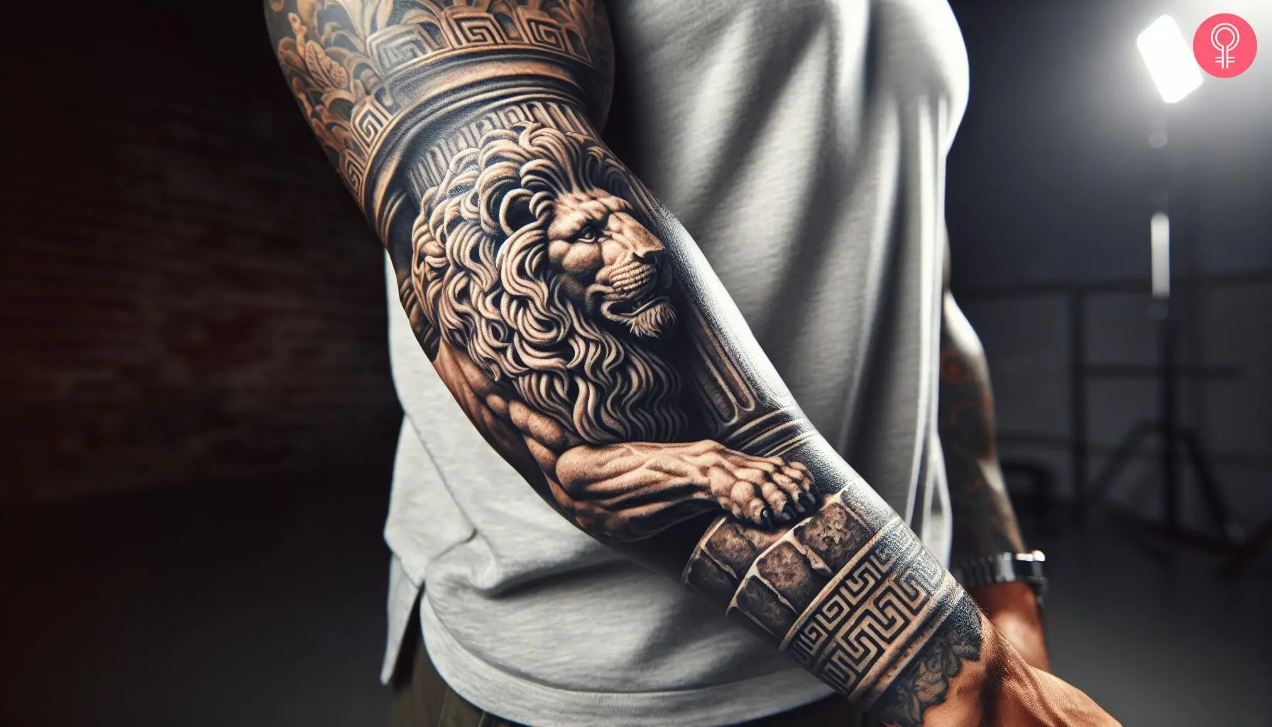 Greek lion statue tattoo on the arm of a man