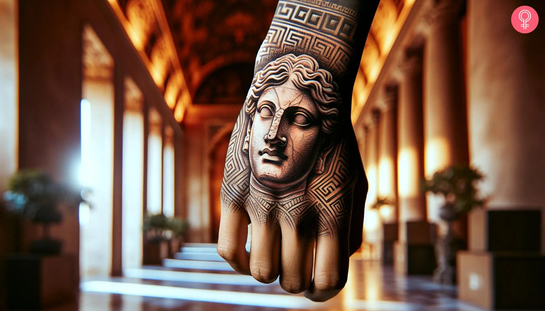 Greek statue head tattoo on the hand of a woman