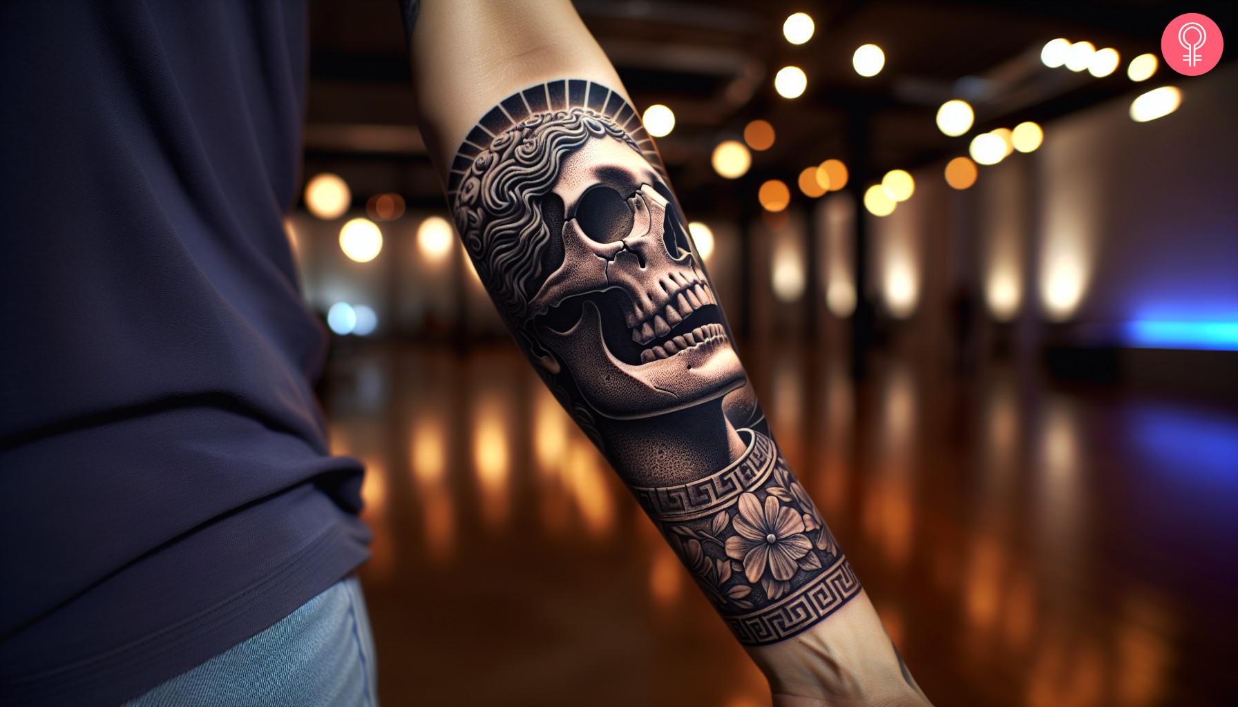 Greek skull tattoo on a man's forearm